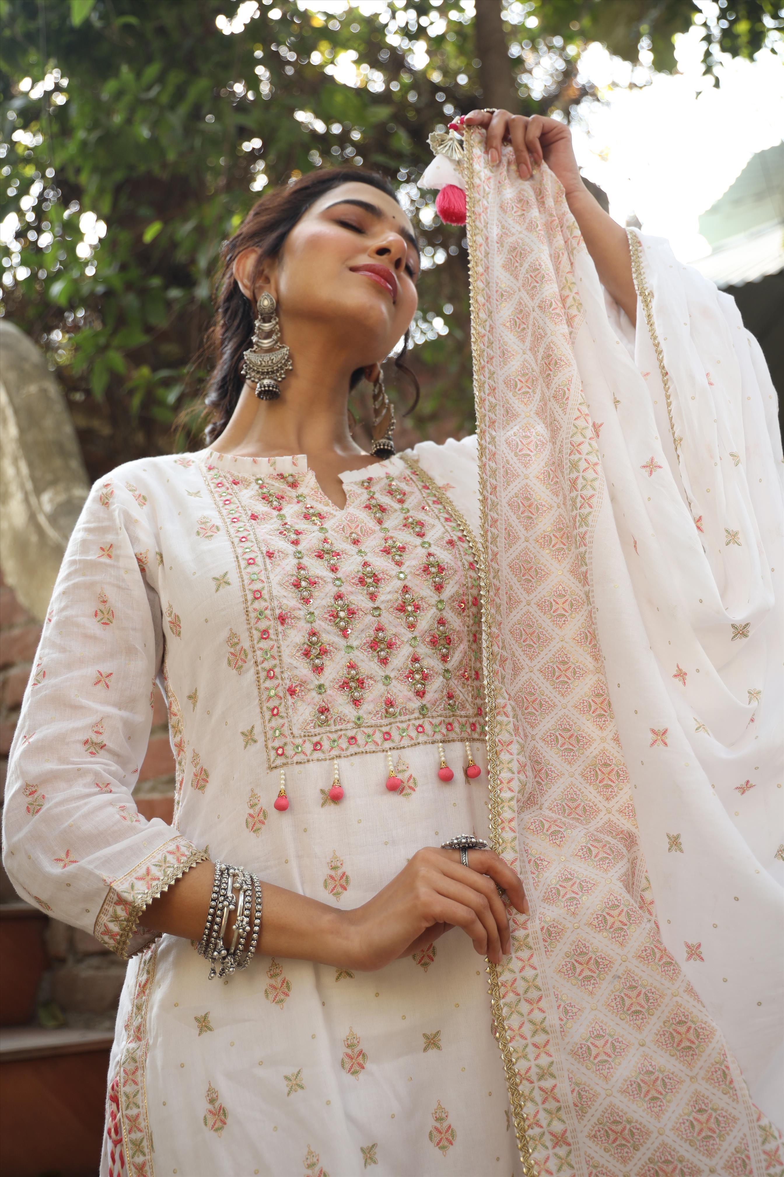White Mul Cotton Foil Print & Handwork Yoke Design Kurti Sharara Dupatta Set