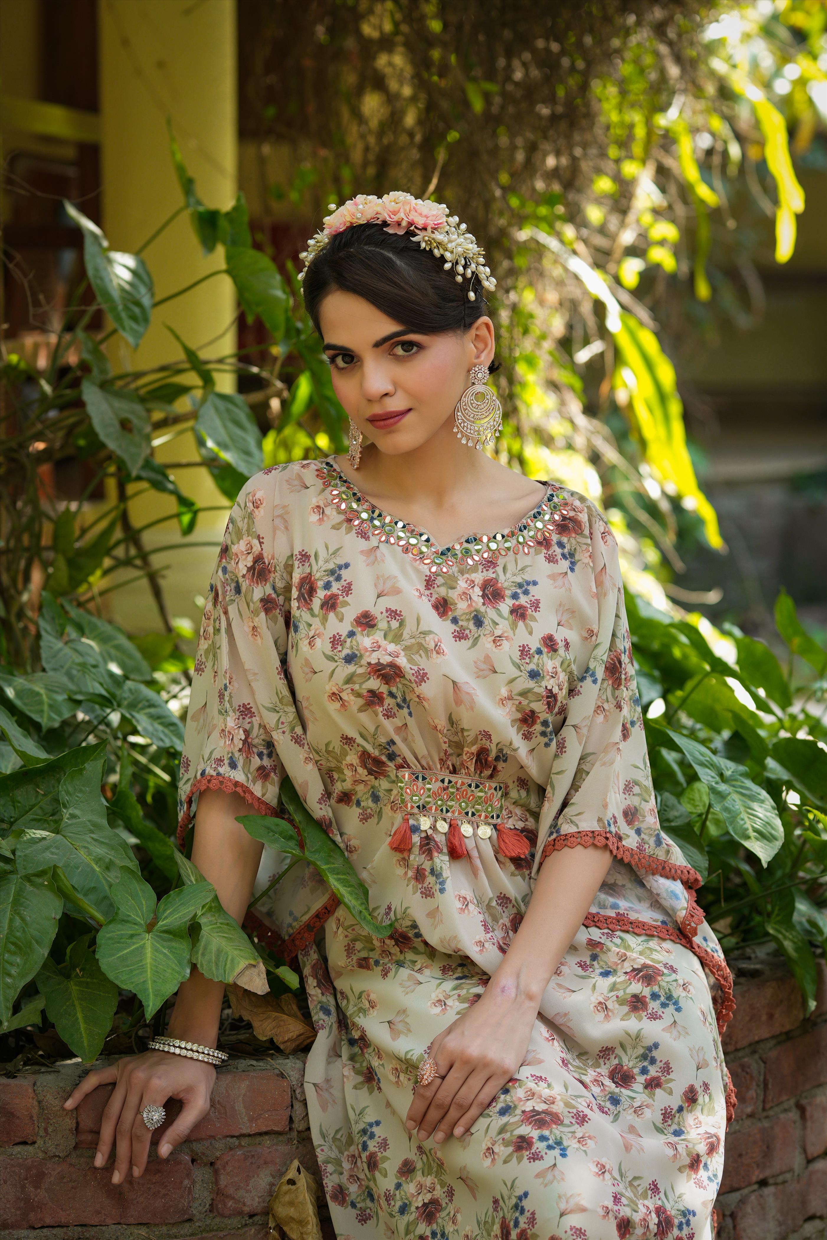 Pistagreen Georgette Floral Print Kaftan Tunic With Trousers