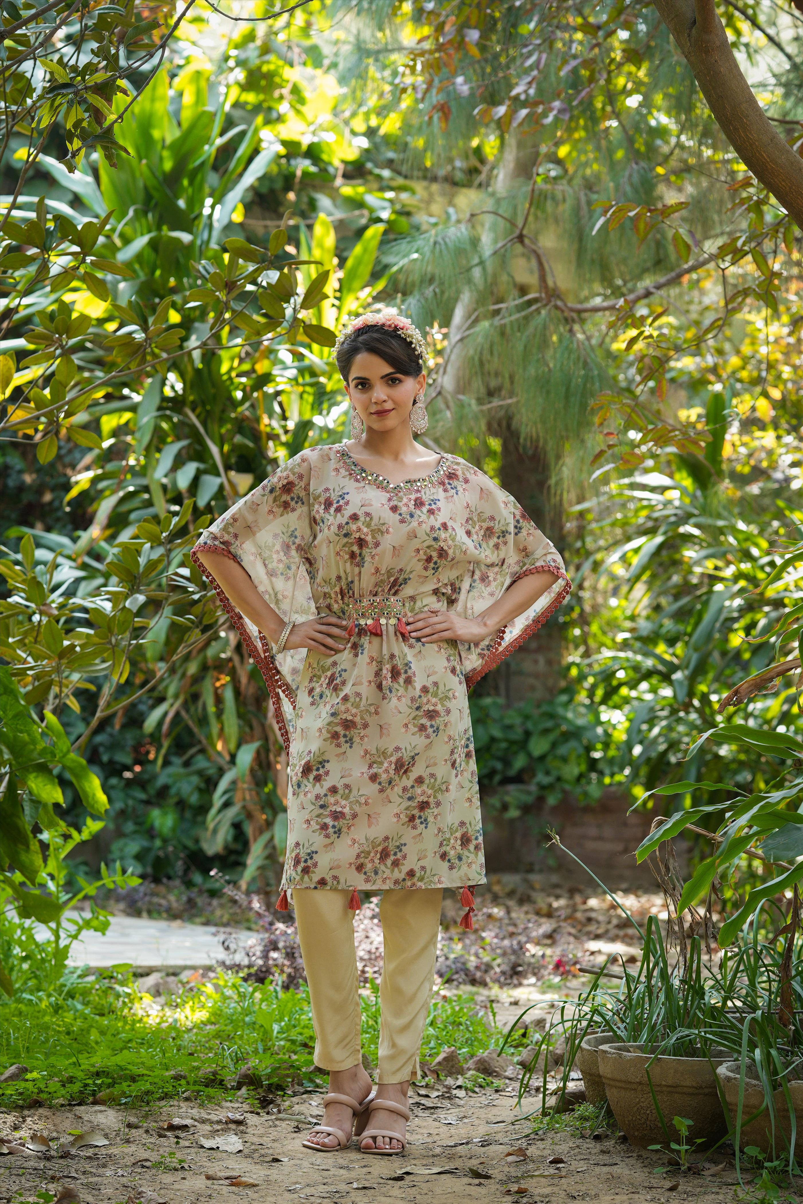 Pistagreen Georgette Floral Print Kaftan Tunic With Trousers