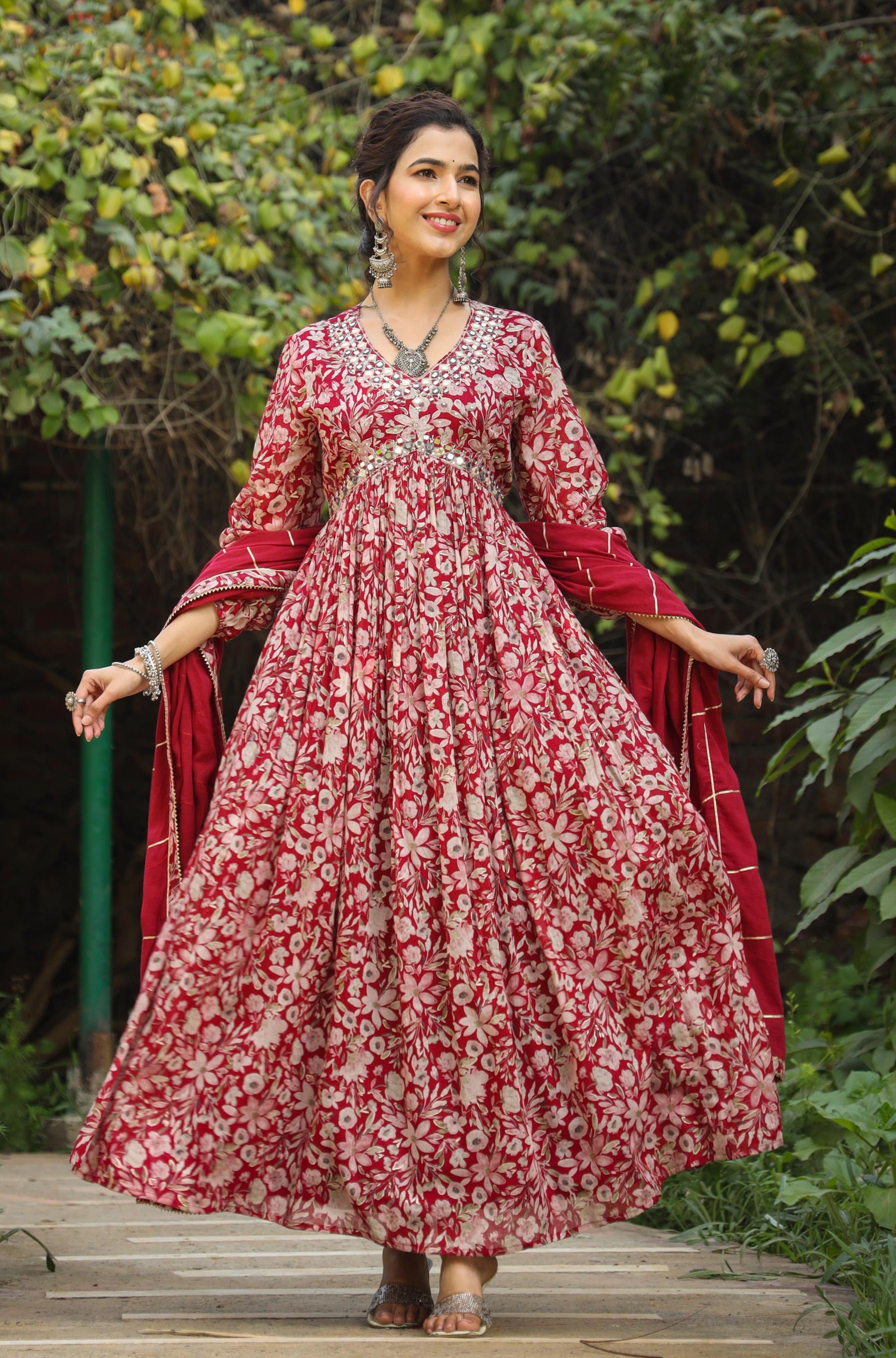 Maroon Mul Cotton Floral Print Gathered Ethnic Dress With Cotton Gota Work Dupatta