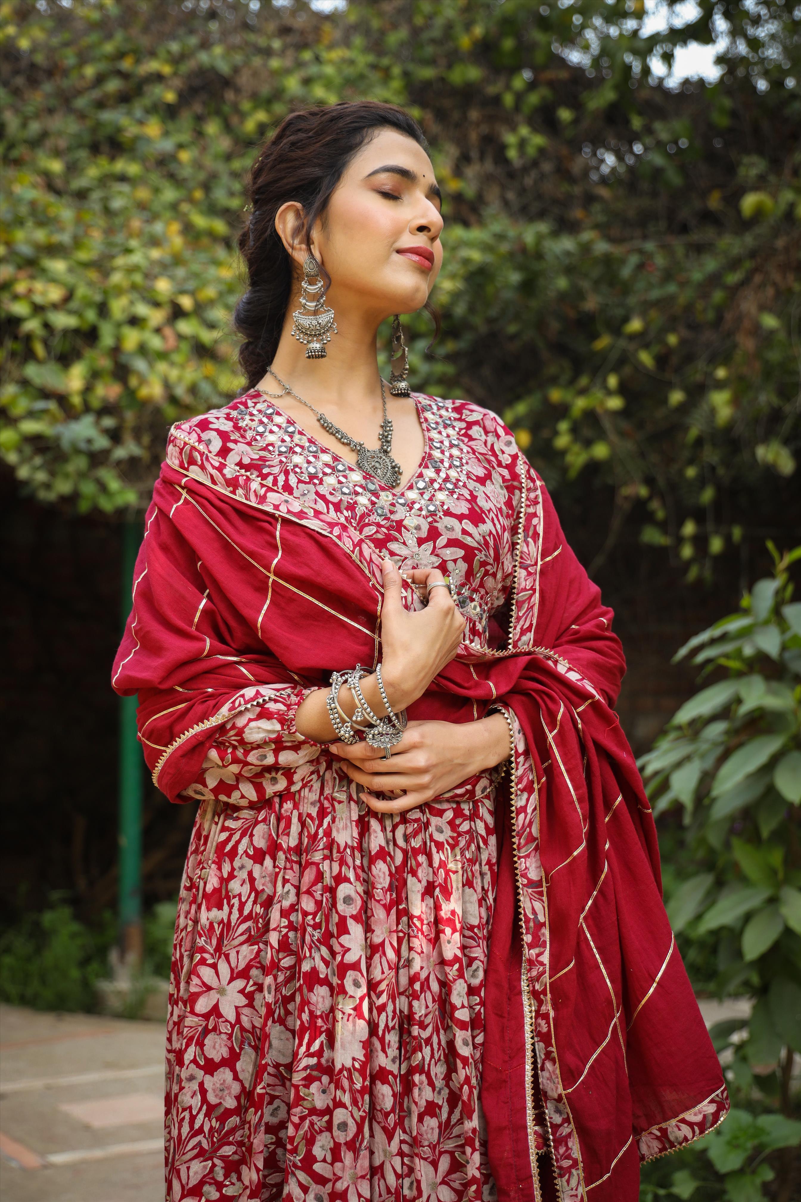 Maroon Mul Cotton Floral Print Gathered Ethnic Dress With Cotton Gota Work Dupatta