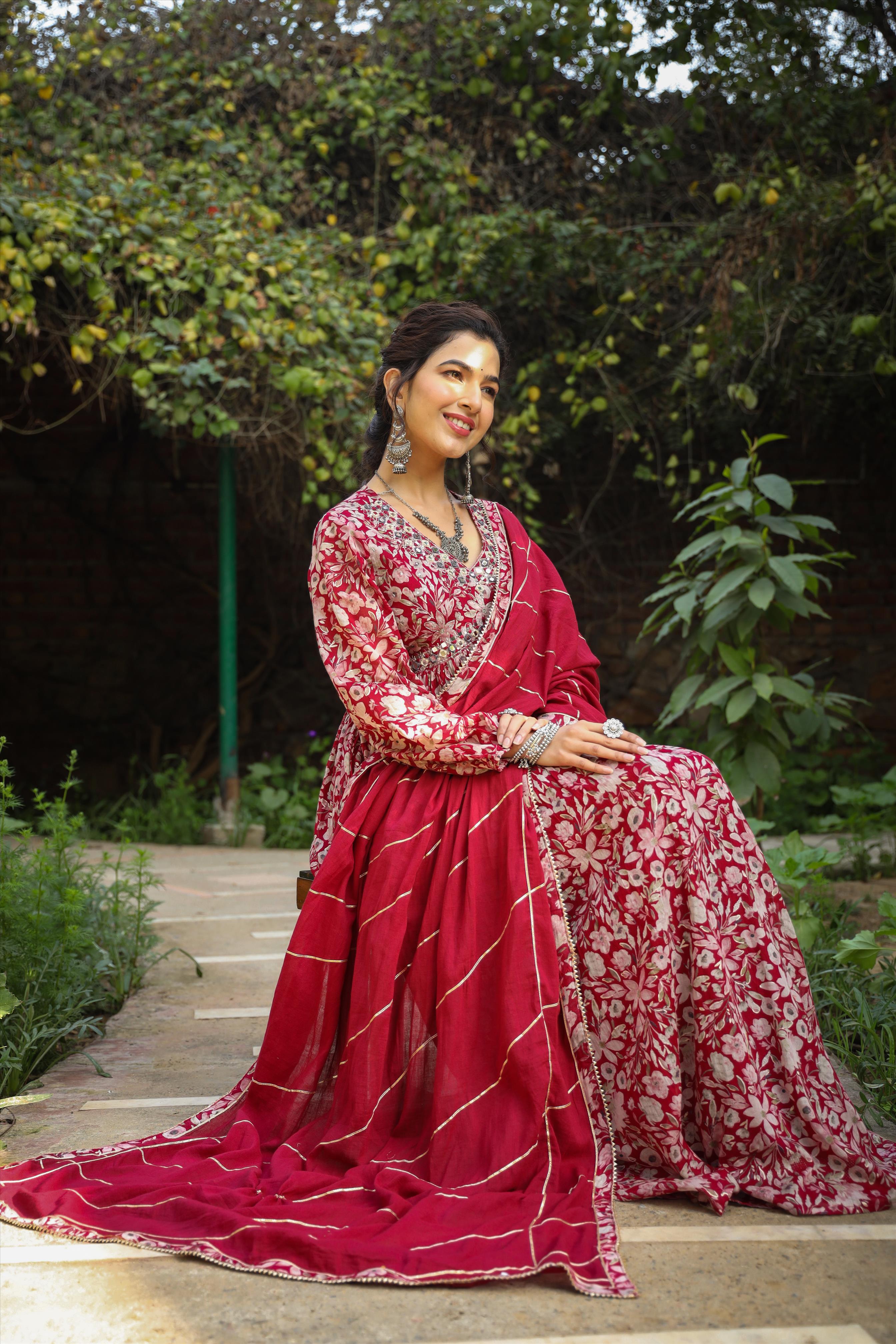 Maroon Mul Cotton Floral Print Gathered Ethnic Dress With Cotton Gota Work Dupatta