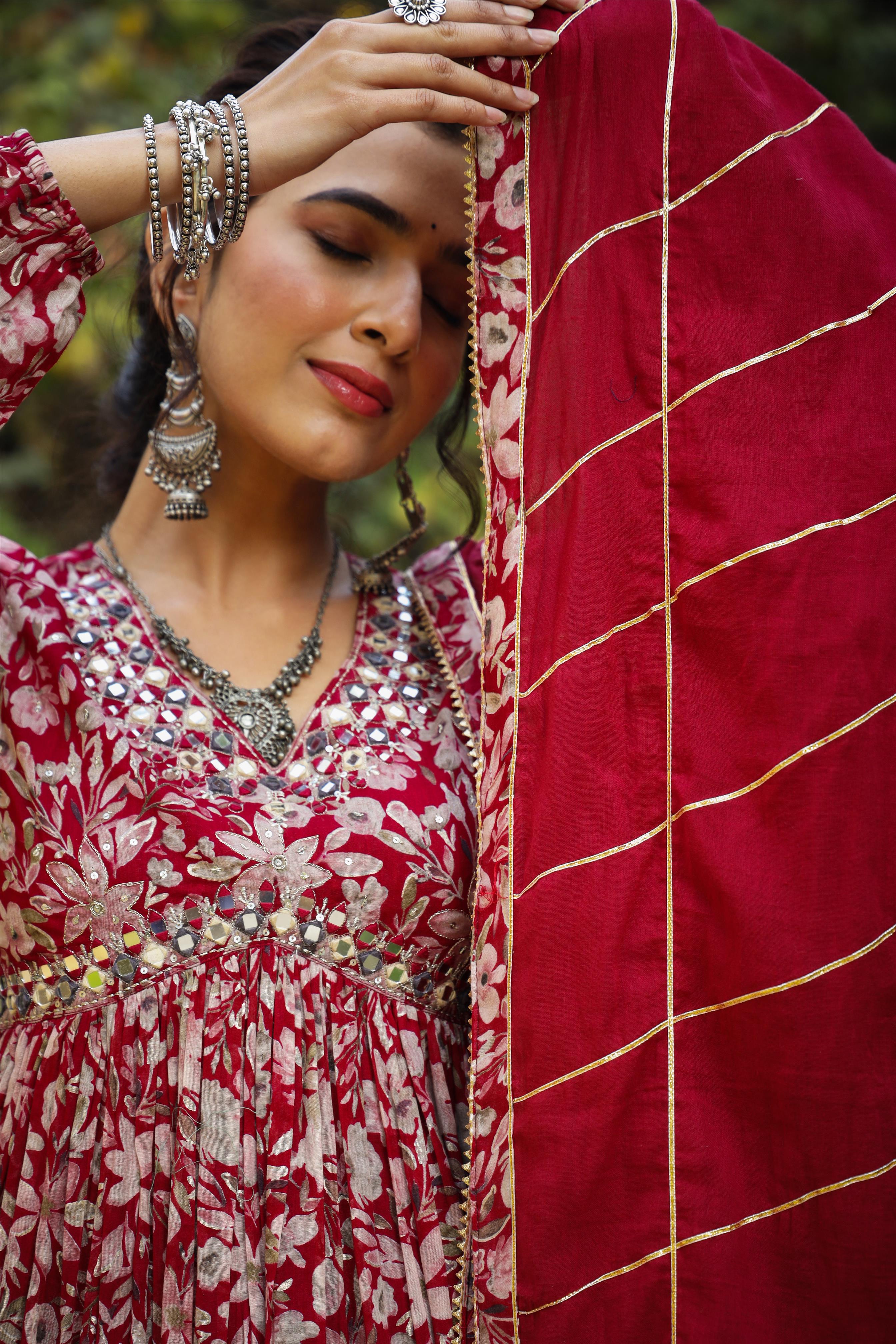 Maroon Mul Cotton Floral Print Gathered Ethnic Dress With Cotton Gota Work Dupatta