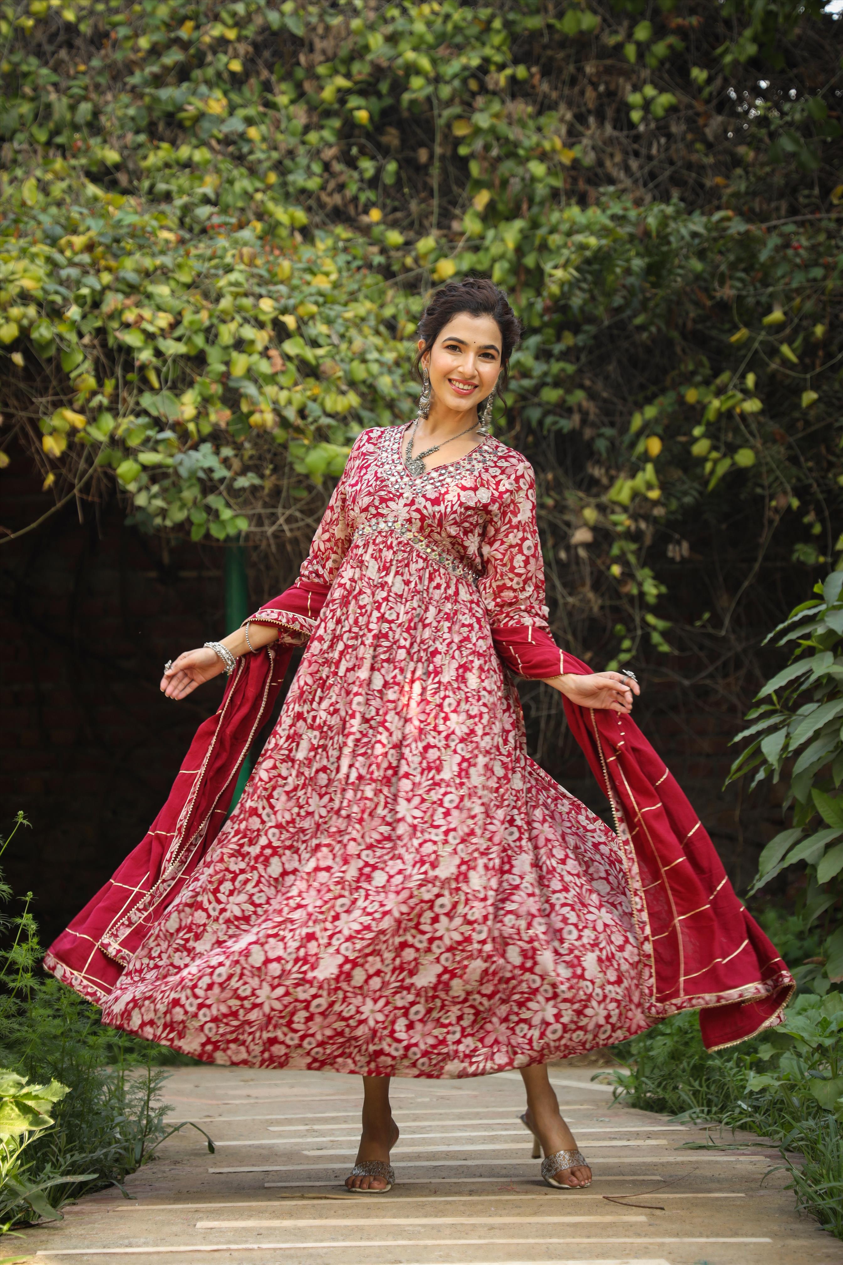 Maroon Mul Cotton Floral Print Gathered Ethnic Dress With Cotton Gota Work Dupatta