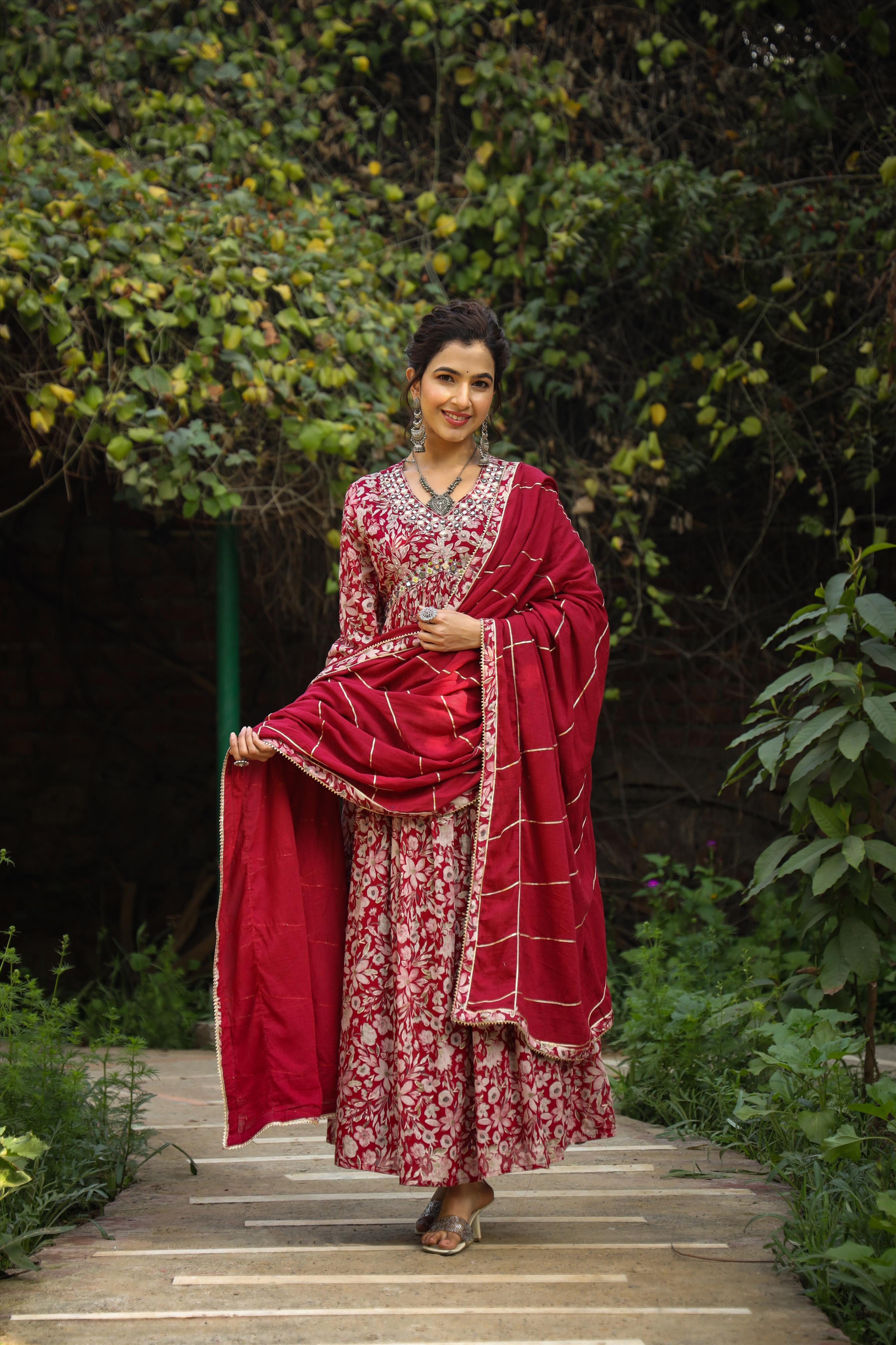 Maroon Mul Cotton Floral Print Gathered Ethnic Dress With Cotton Gota Work Dupatta