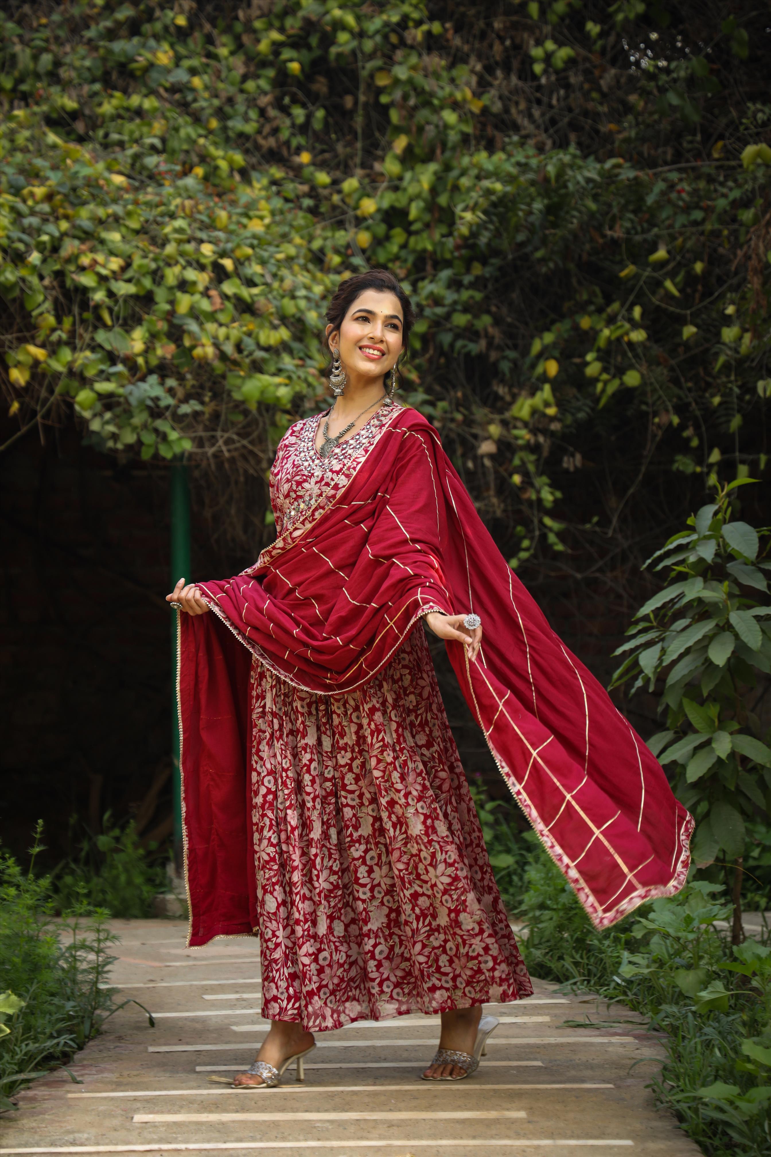 Maroon Mul Cotton Floral Print Gathered Ethnic Dress With Cotton Gota Work Dupatta
