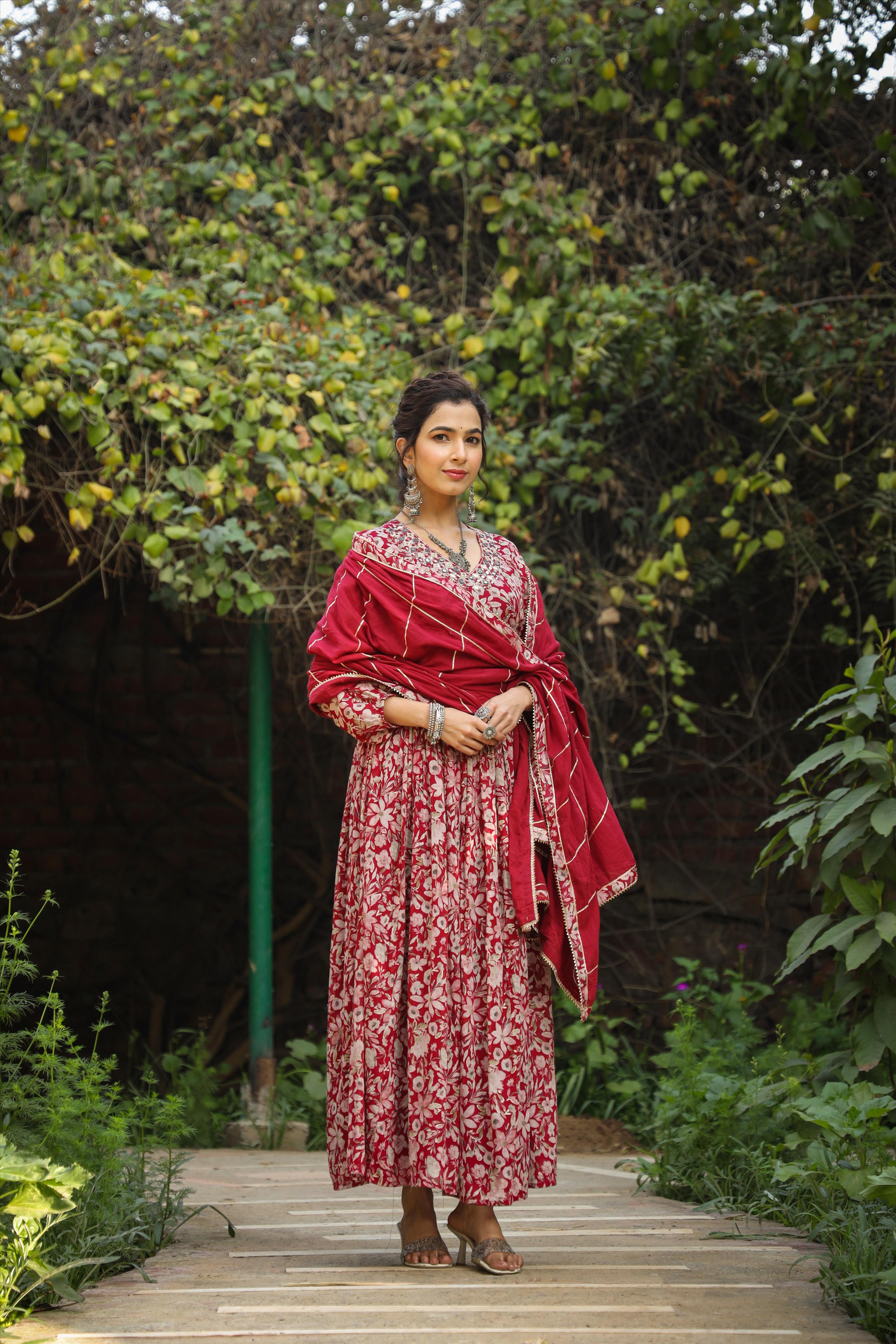 Maroon Mul Cotton Floral Print Gathered Ethnic Dress With Cotton Gota Work Dupatta