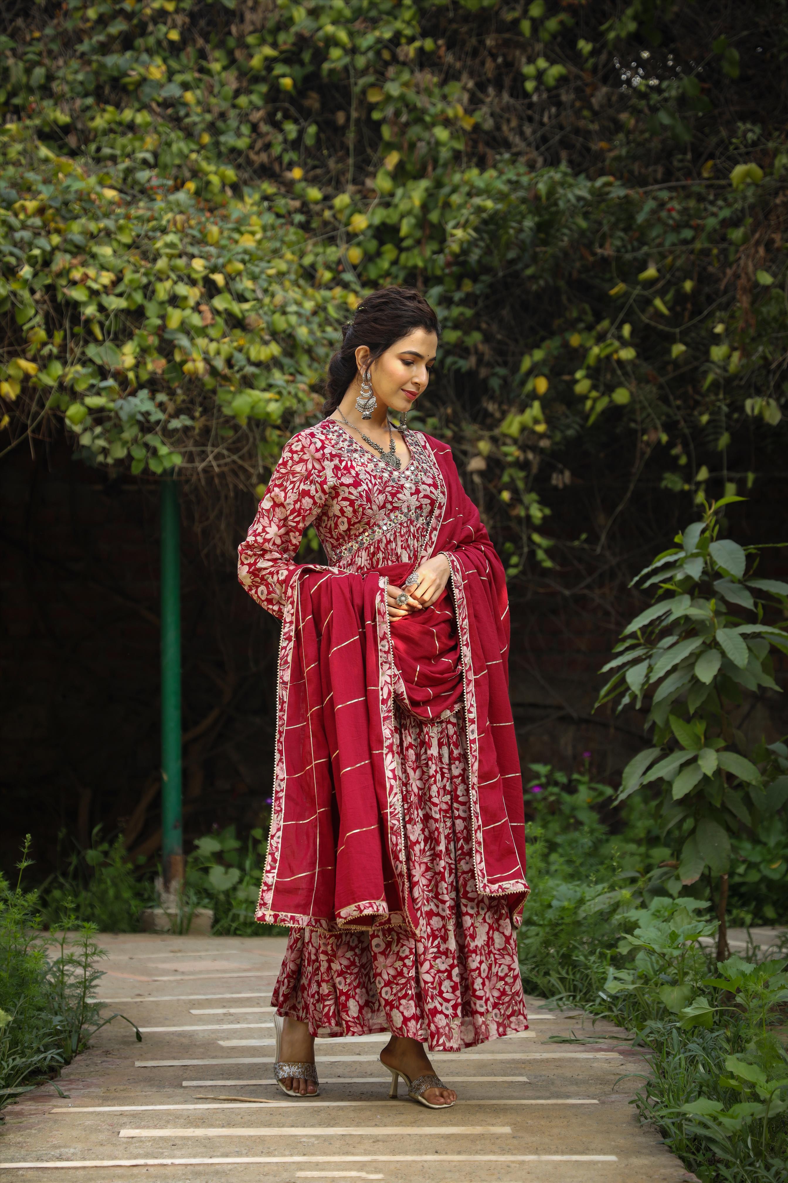 Maroon Mul Cotton Floral Print Gathered Ethnic Dress With Cotton Gota Work Dupatta