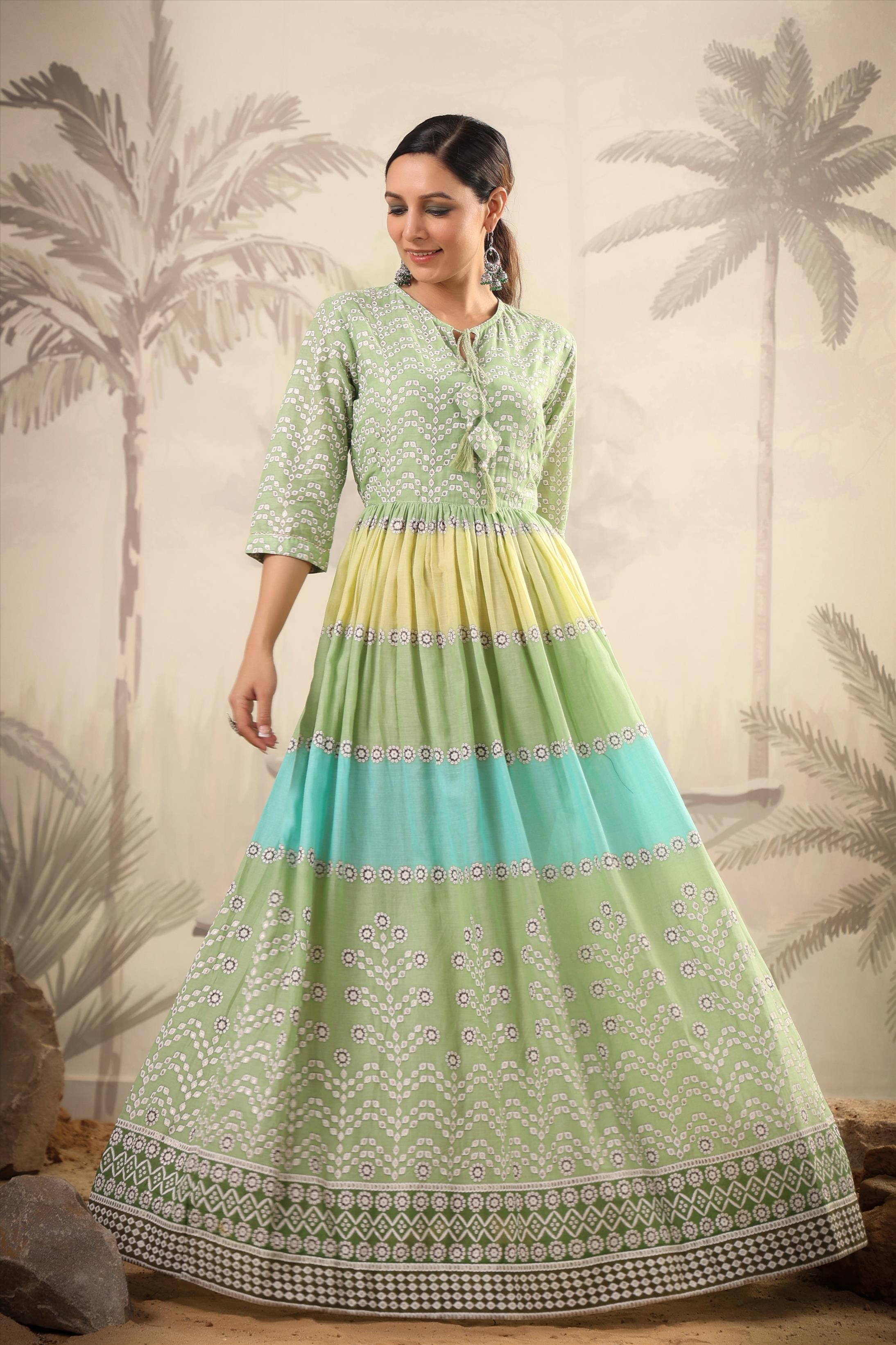 Green Cotton Mulmul Colourblocked Anarkali Kurta