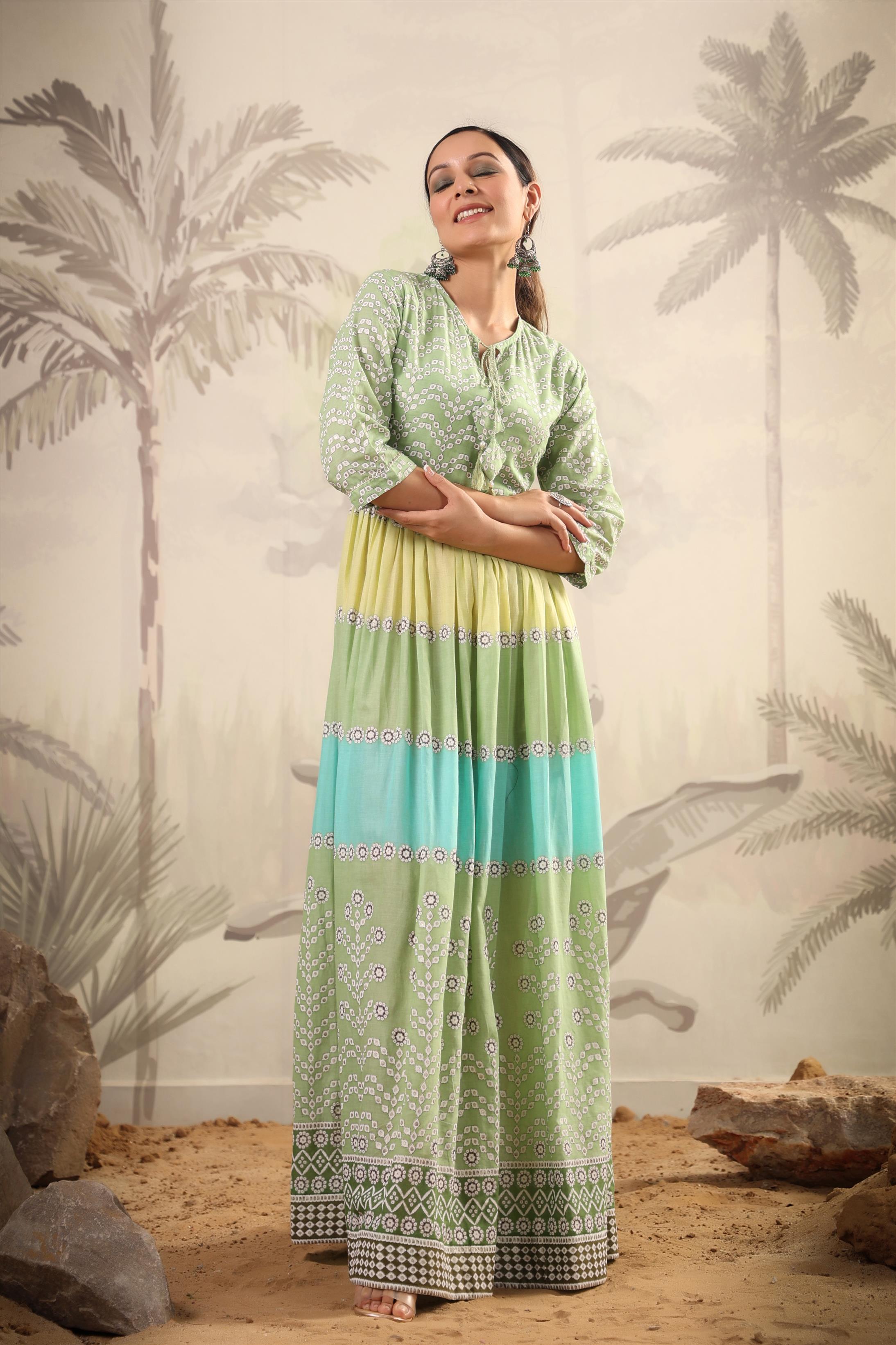 Green Cotton Mulmul Colourblocked Anarkali Kurta