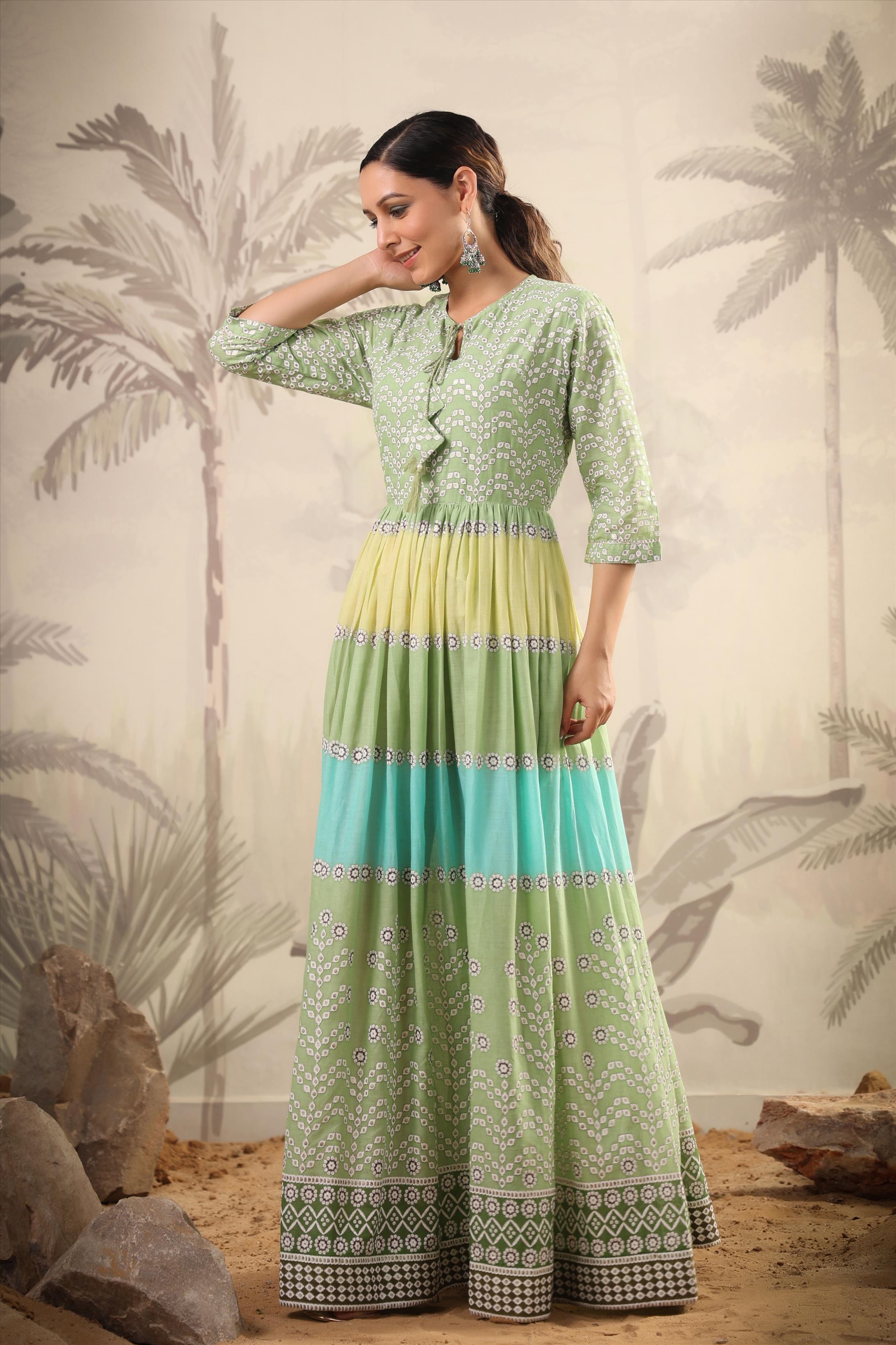 Green Cotton Mulmul Colourblocked Anarkali Kurta