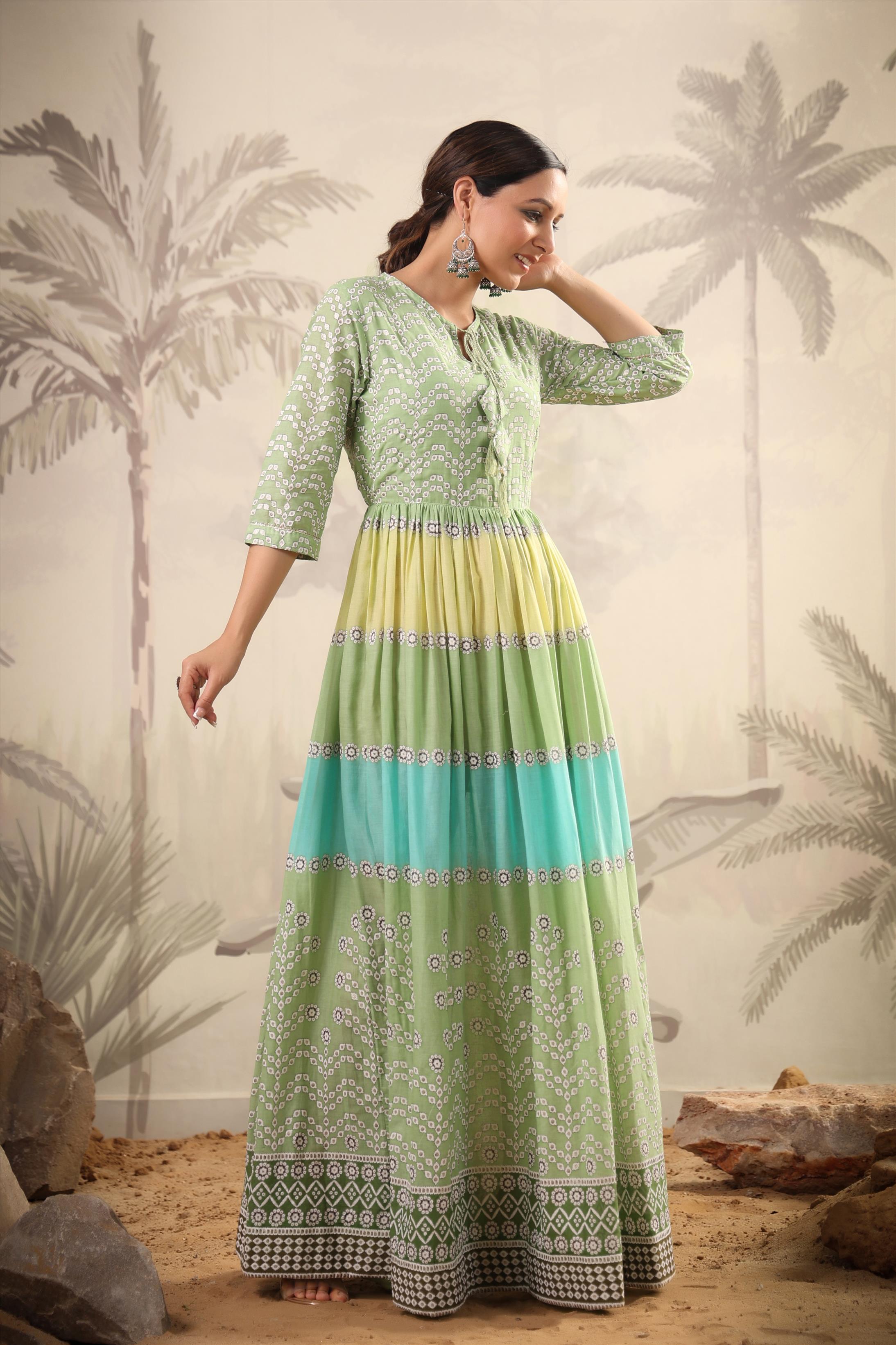 Green Cotton Mulmul Colourblocked Anarkali Kurta