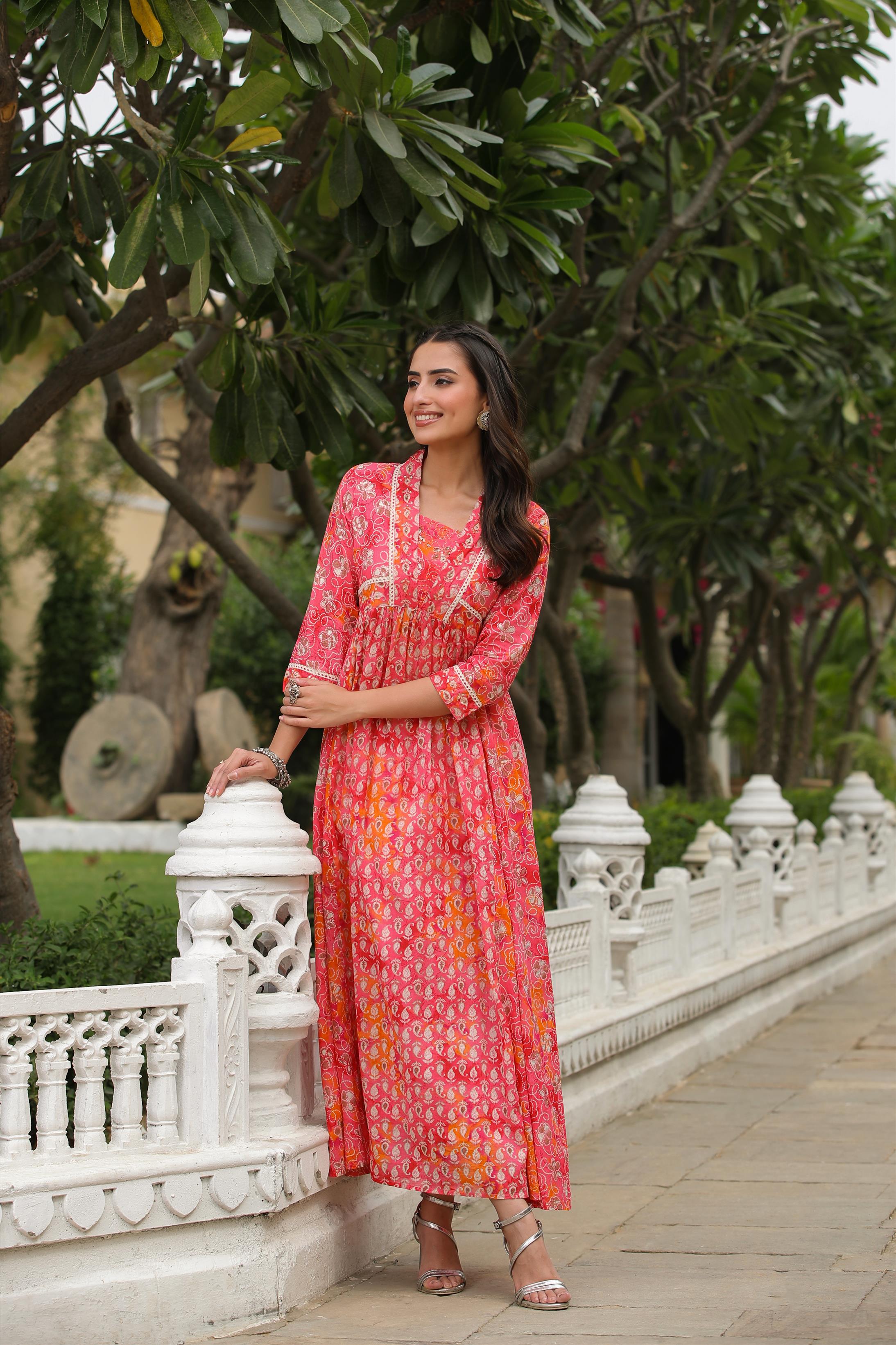 Pink Mul Cotton Printed Panelled Ethnic Dress