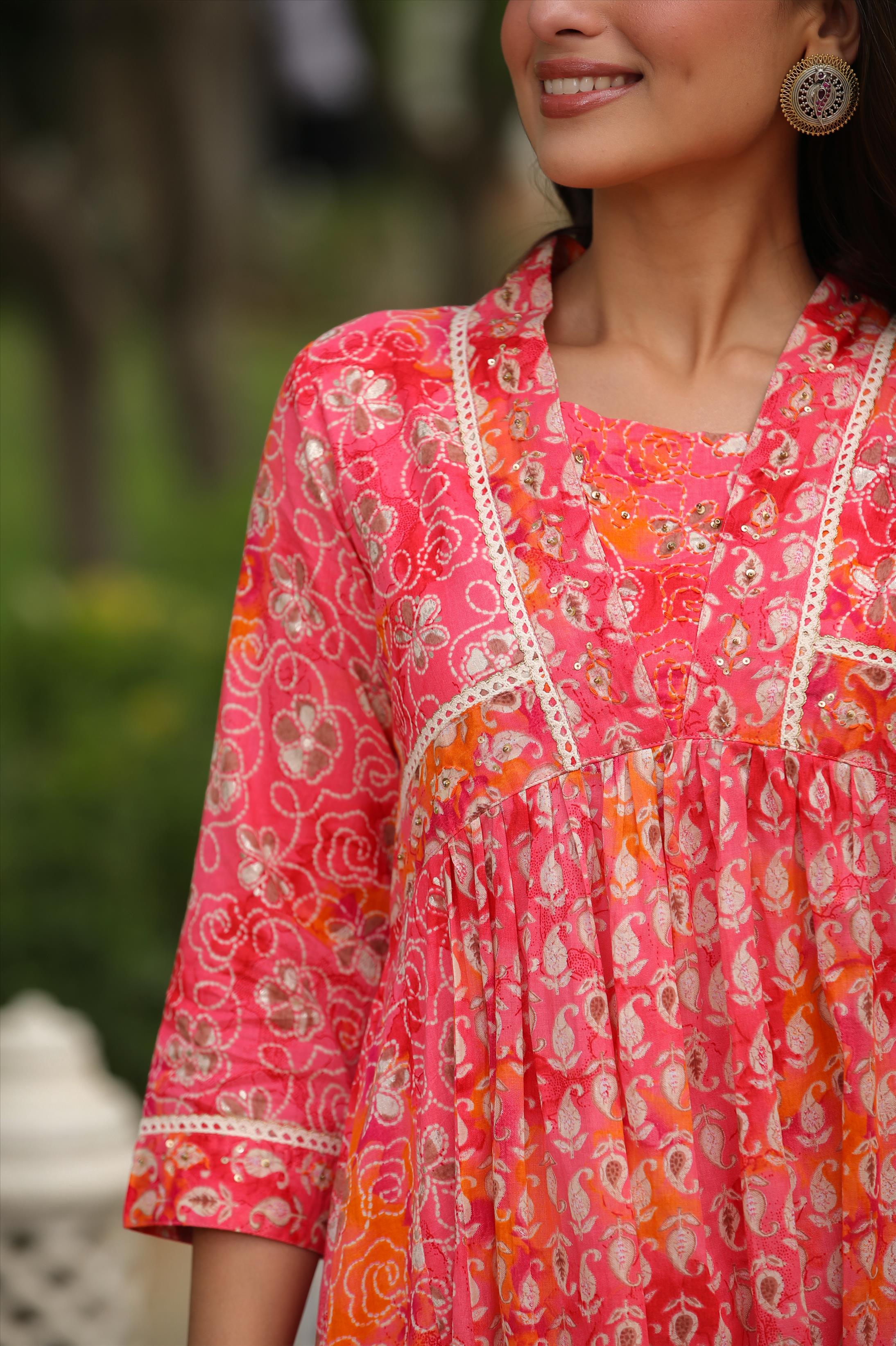 Pink Mul Cotton Printed Panelled Ethnic Dress