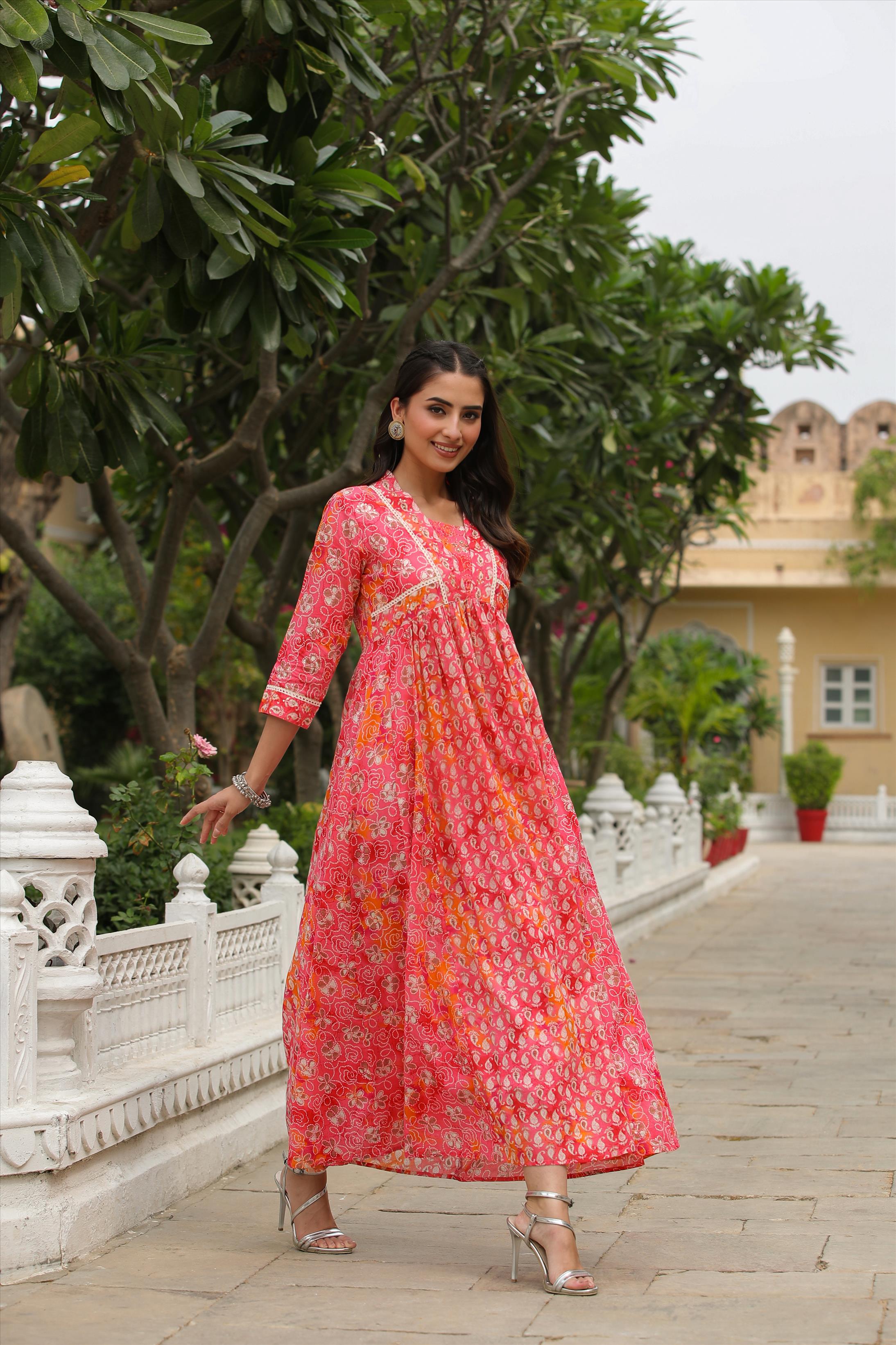 Pink Mul Cotton Printed Panelled Ethnic Dress