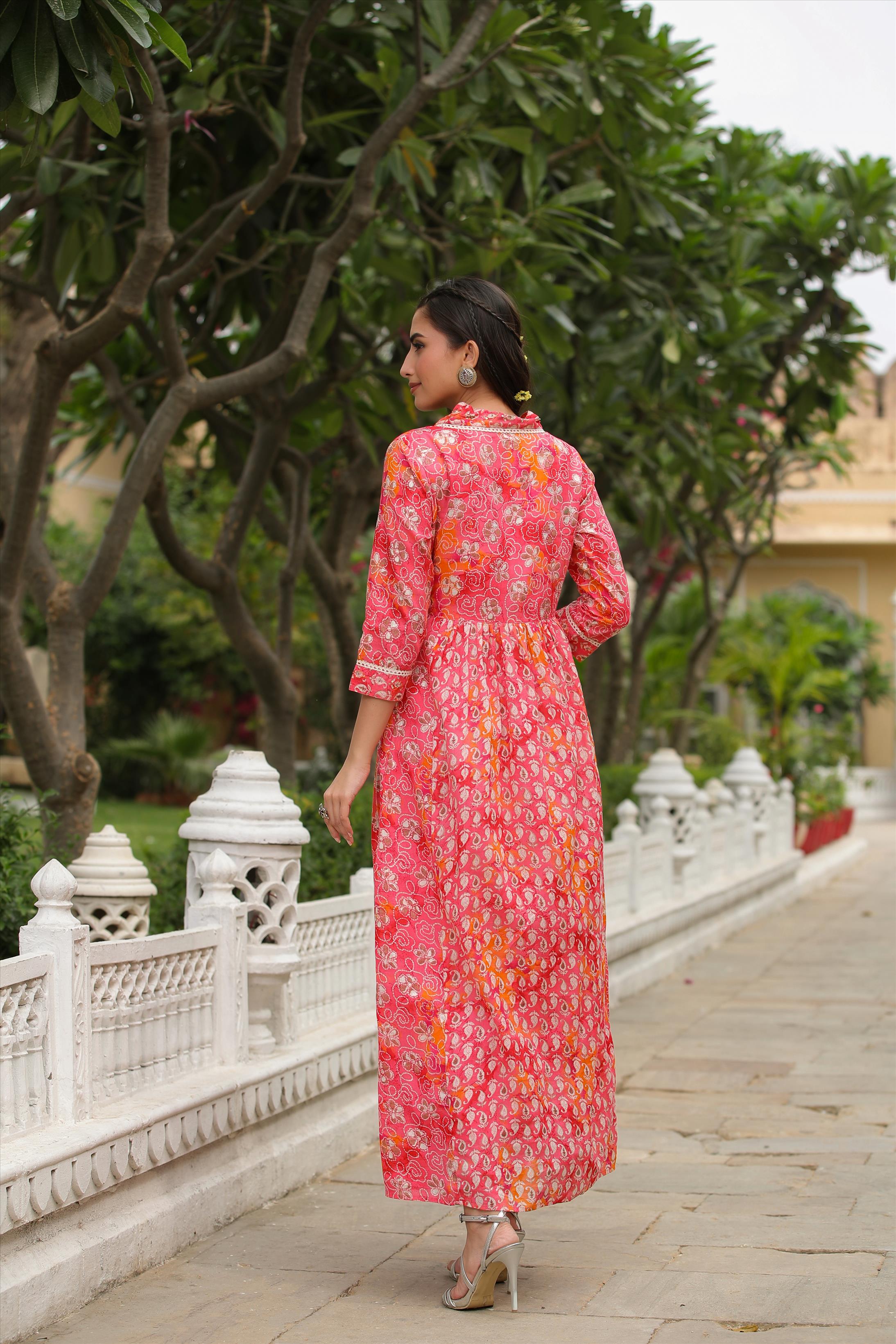 Pink Mul Cotton Printed Panelled Ethnic Dress