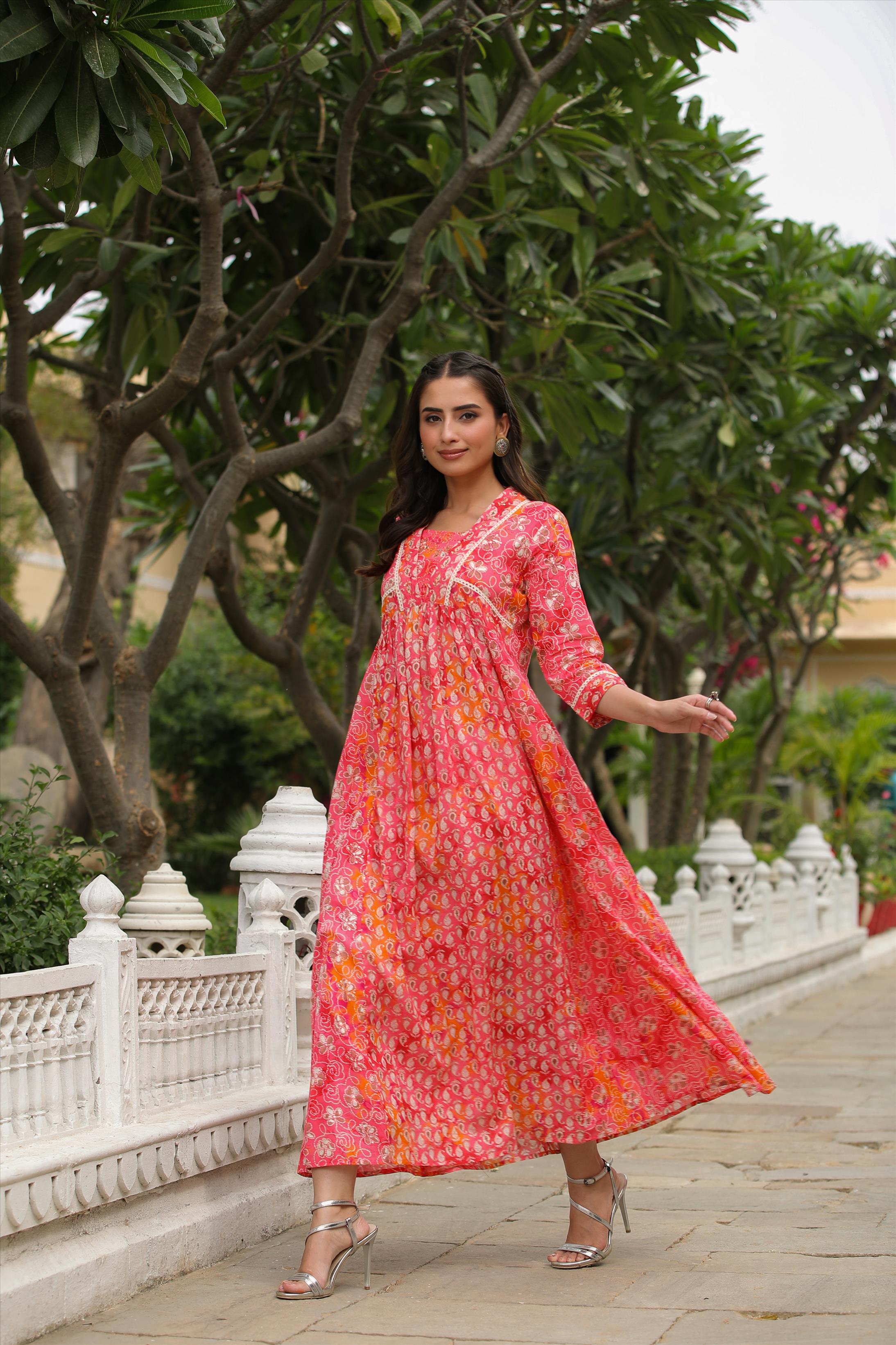 Pink Mul Cotton Printed Panelled Ethnic Dress