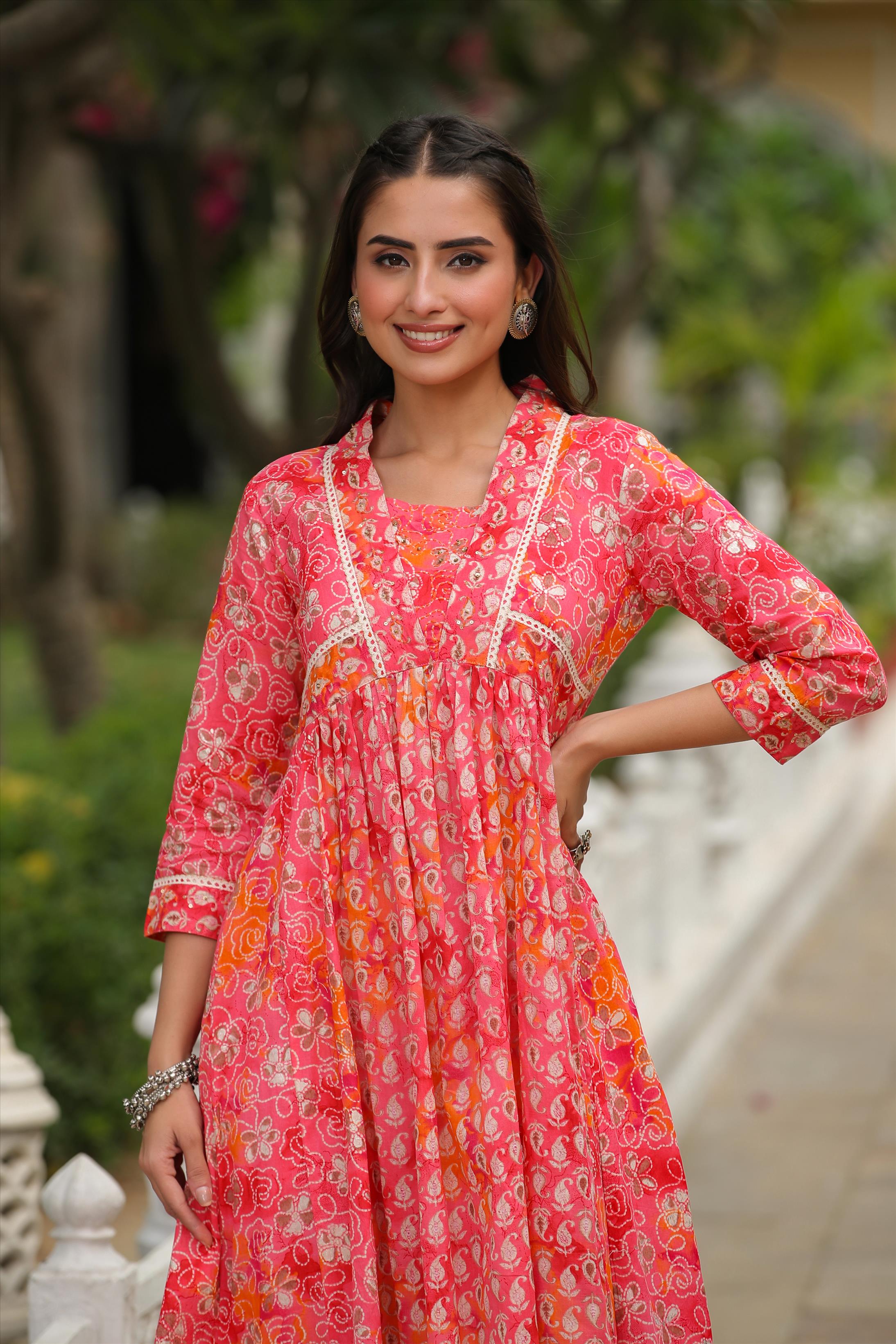 Pink Mul Cotton Printed Panelled Ethnic Dress