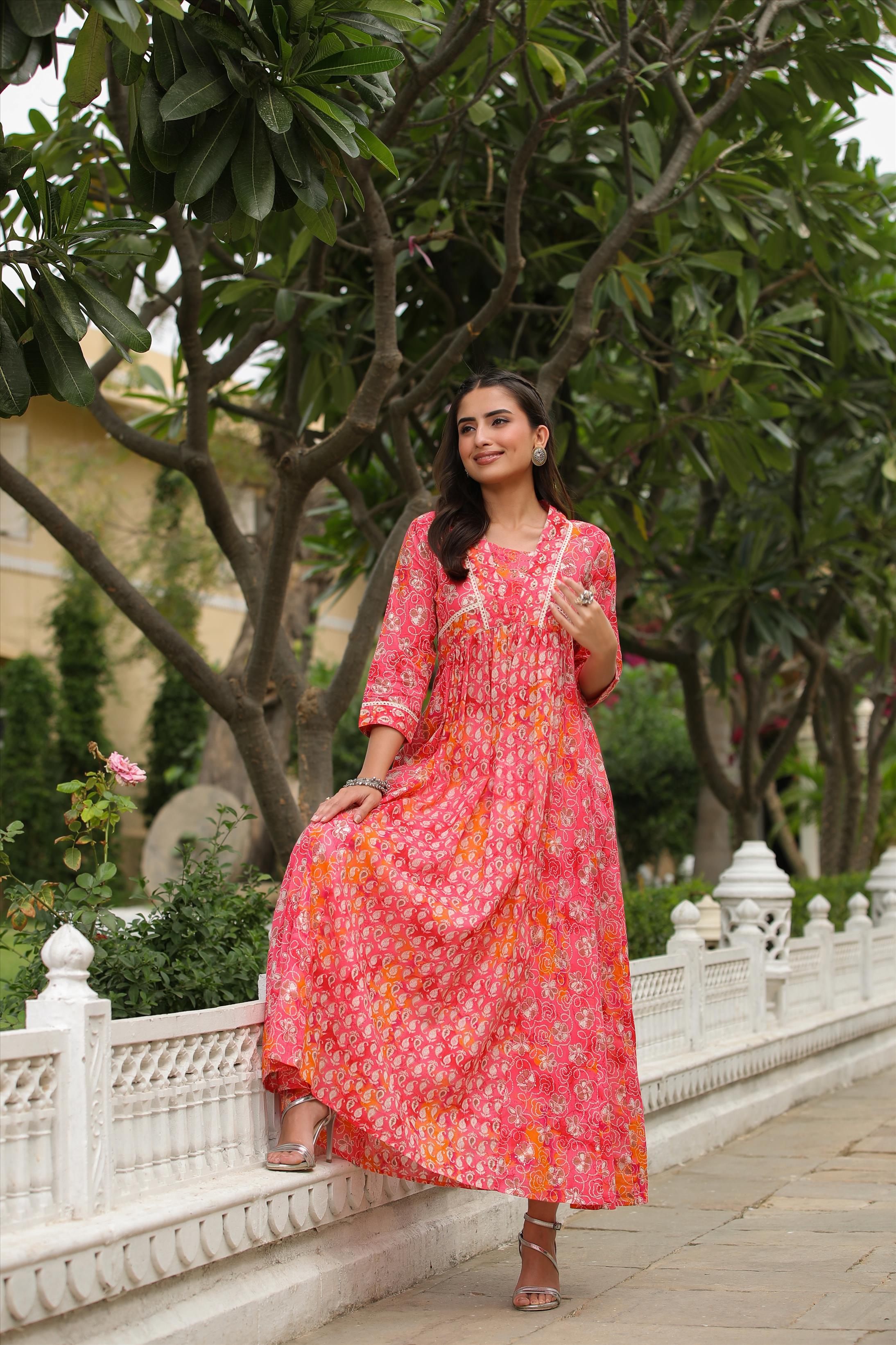 Pink Mul Cotton Printed Panelled Ethnic Dress