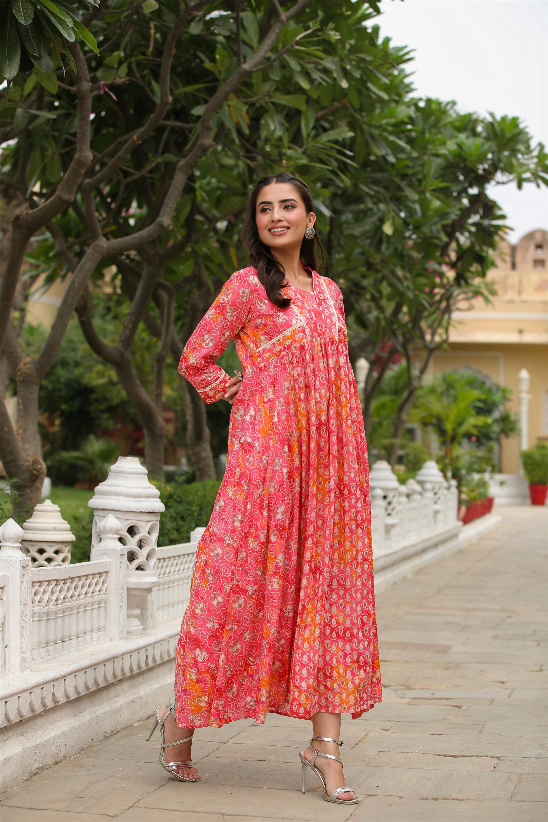 Pink Mul Cotton Printed Panelled Ethnic Dress