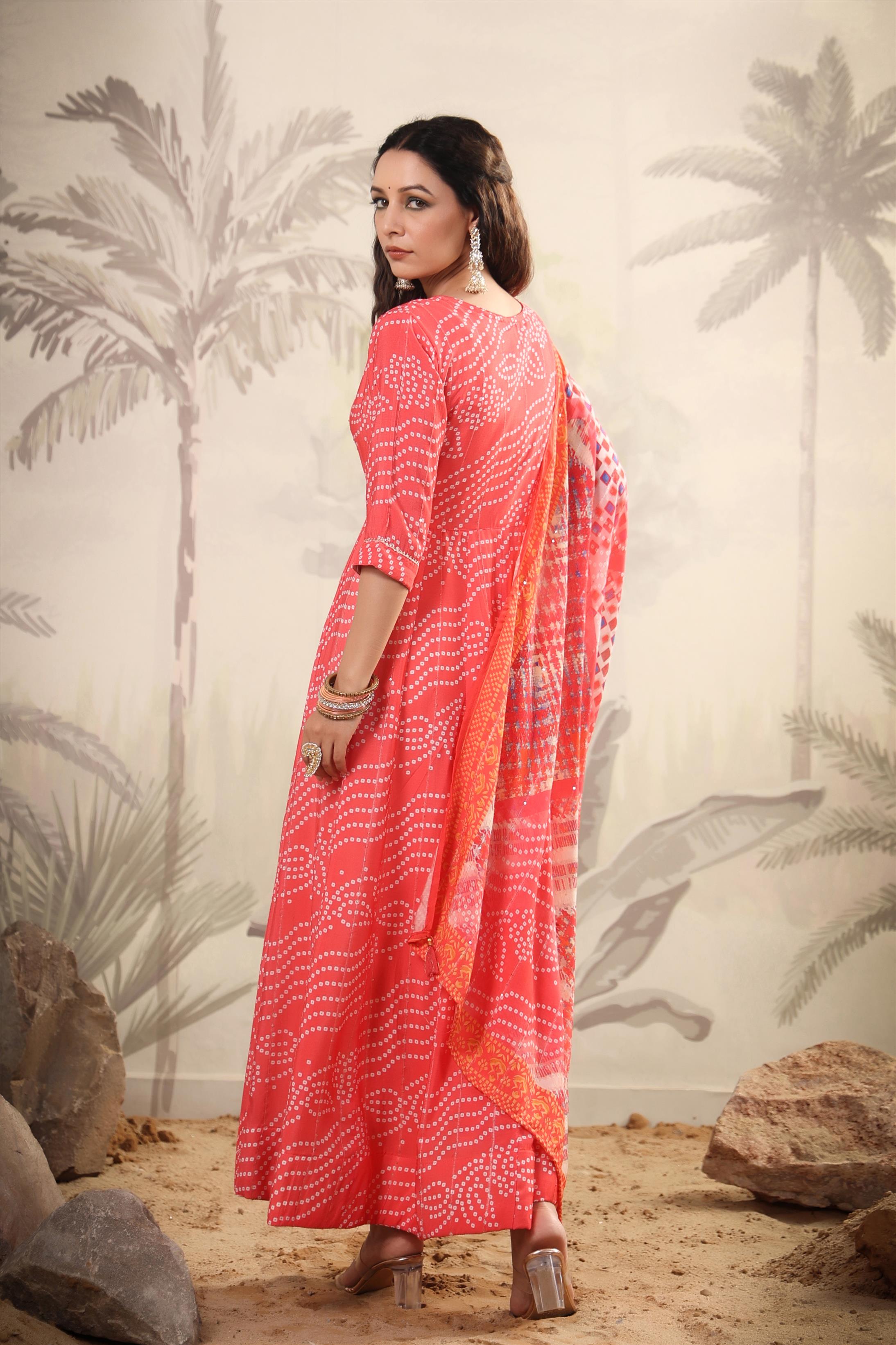 Orange Muslin Silk Bandhani Print Anarkali Gown With Muslin Silk Printed Dupatta