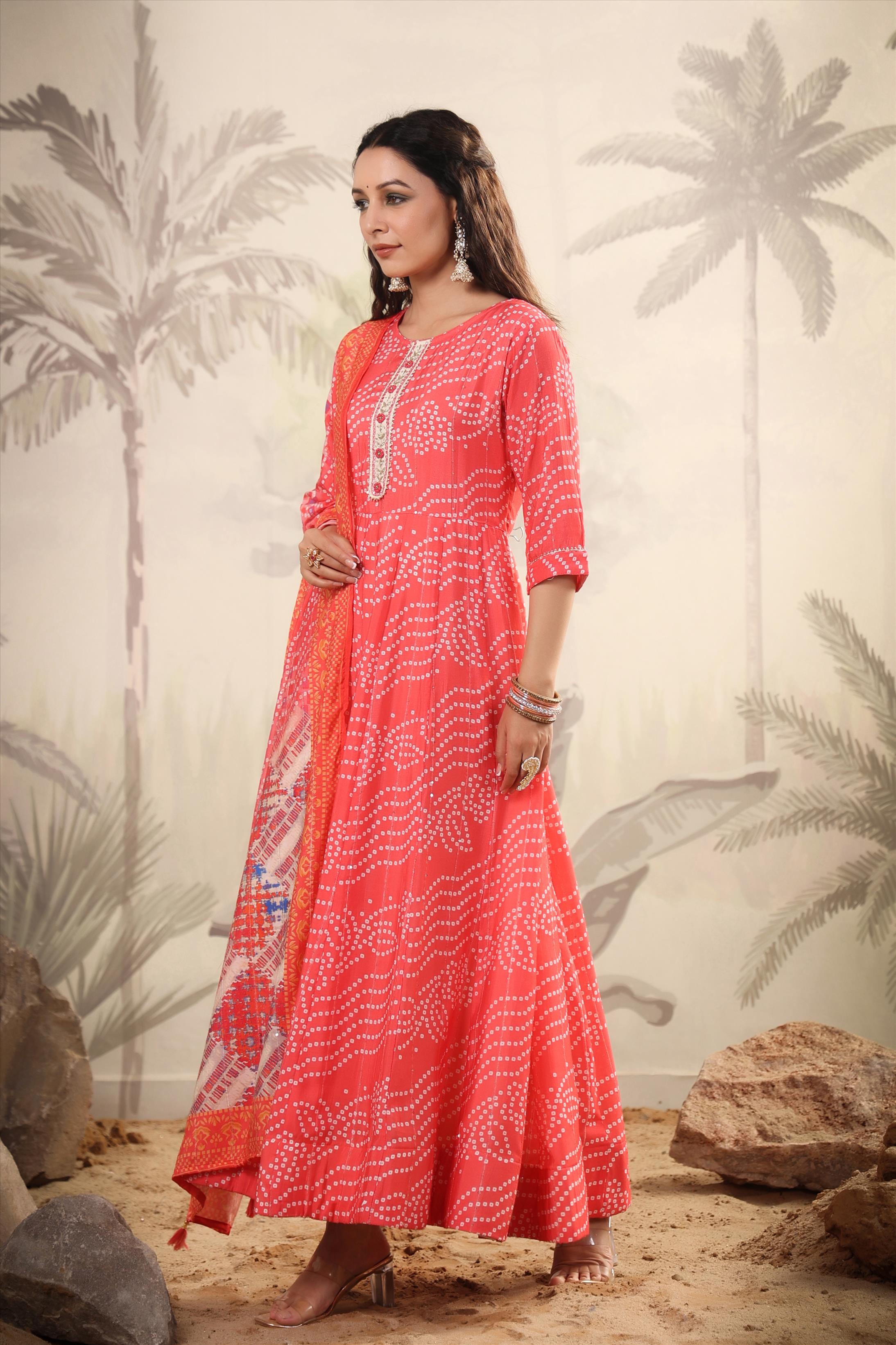 Orange Muslin Silk Bandhani Print Anarkali Gown With Muslin Silk Printed Dupatta