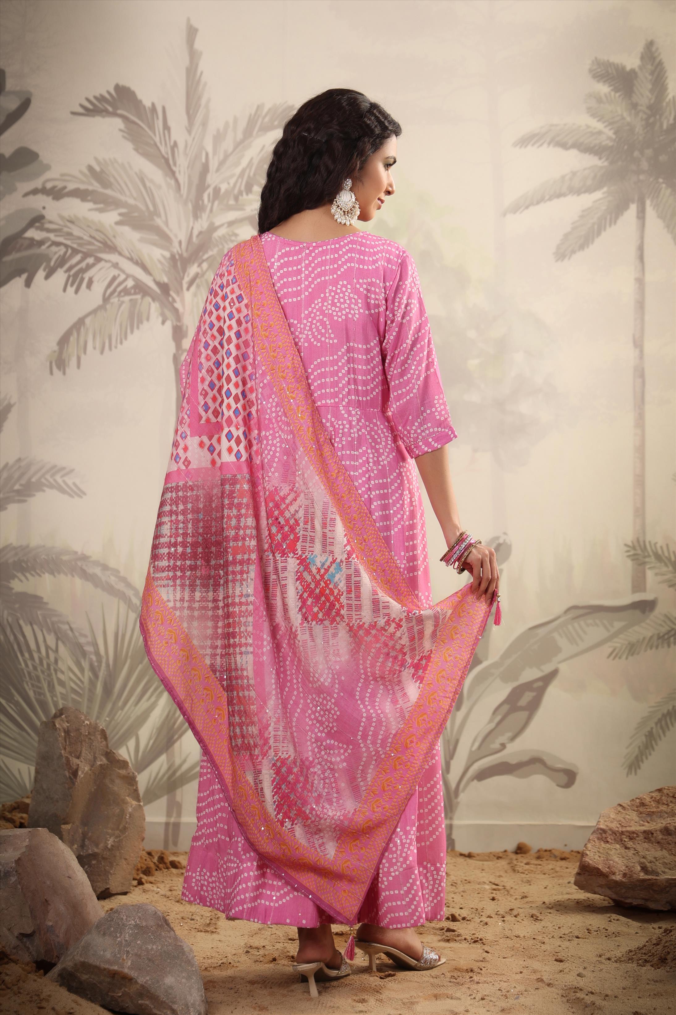 Pink Muslin Silk Bandhani Print Anarkali Gown With Muslin Silk Printed Dupatta