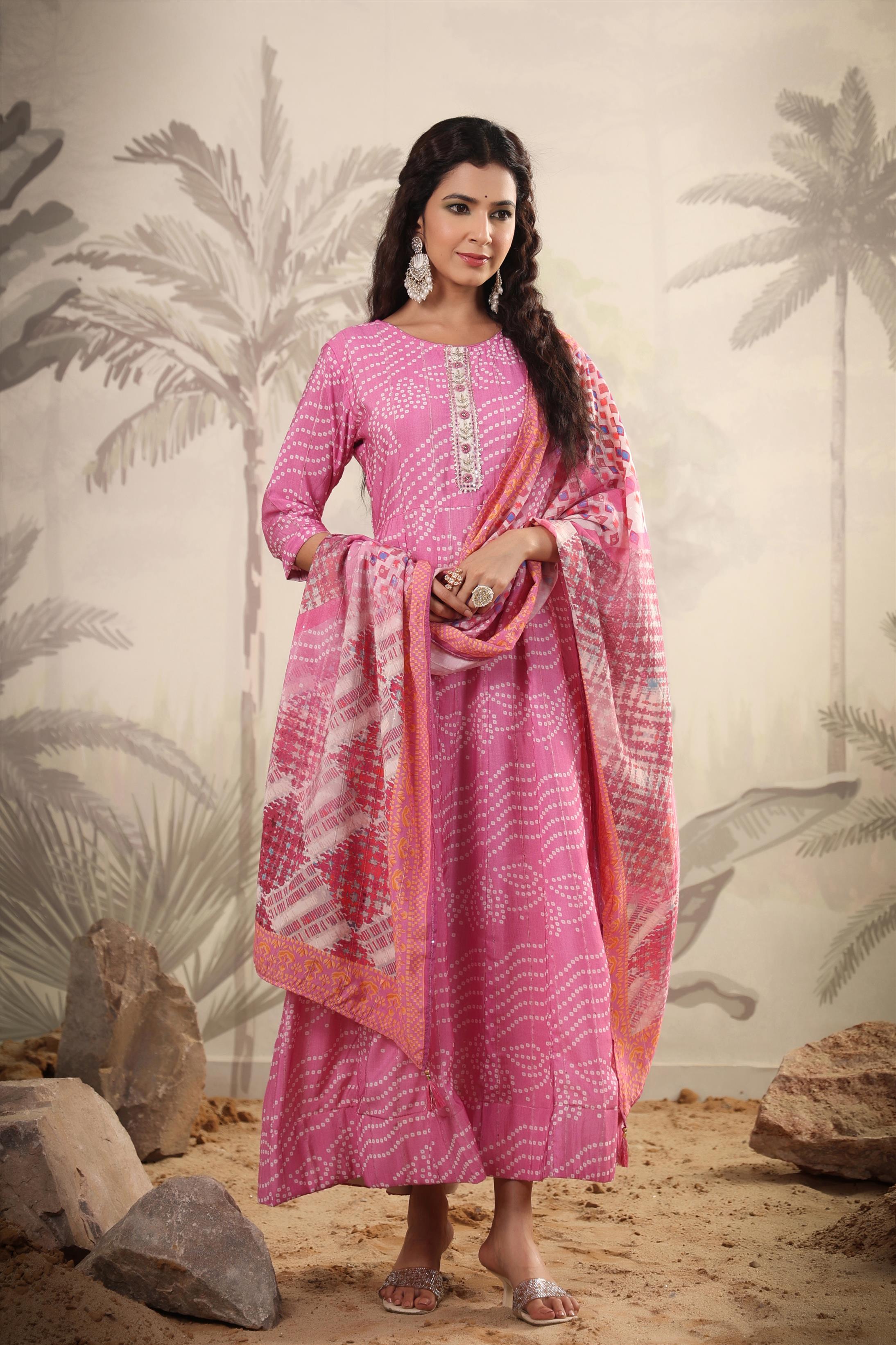 Pink Muslin Silk Bandhani Print Anarkali Gown With Muslin Silk Printed Dupatta