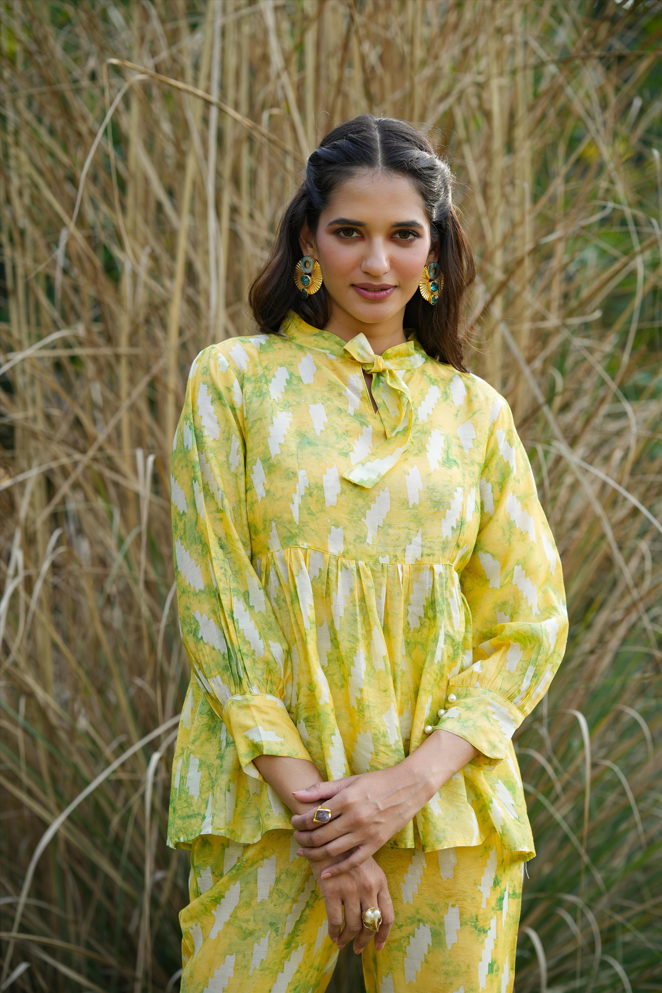 Lemon Modal Chanderi Shibori Tunic Co-Ord Set