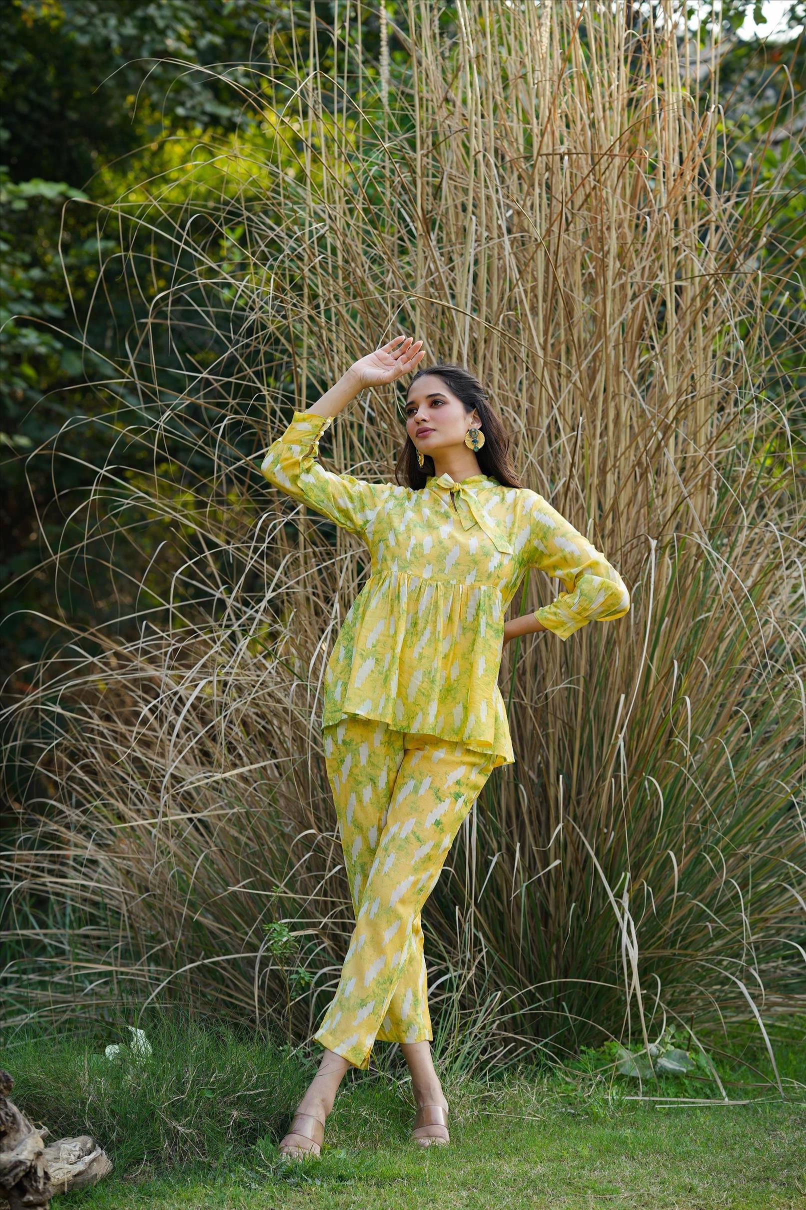 Lemon Modal Chanderi Shibori Tunic Co-Ord Set