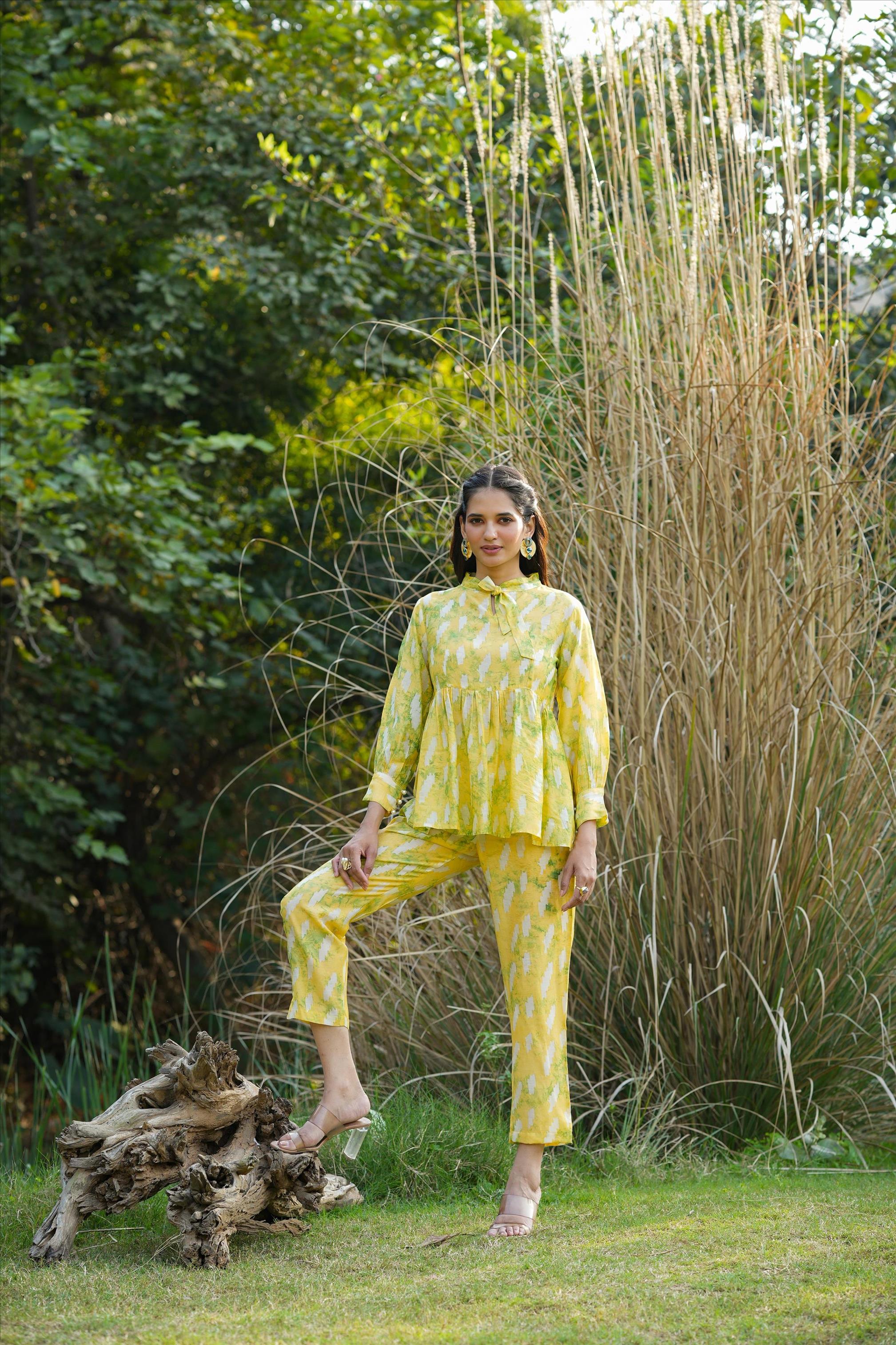 Lemon Modal Chanderi Shibori Tunic Co-Ord Set