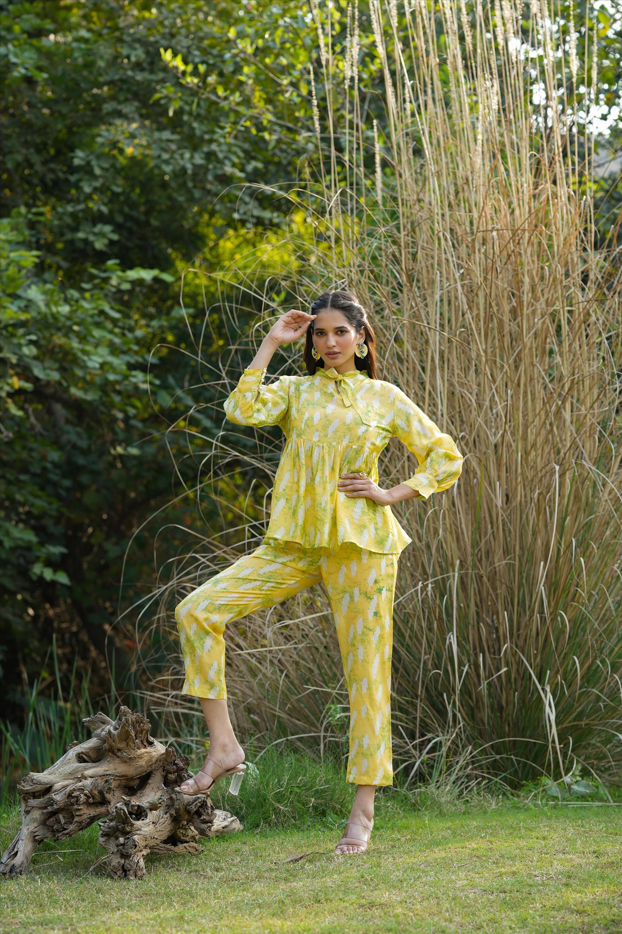 Lemon Modal Chanderi Shibori Tunic Co-Ord Set