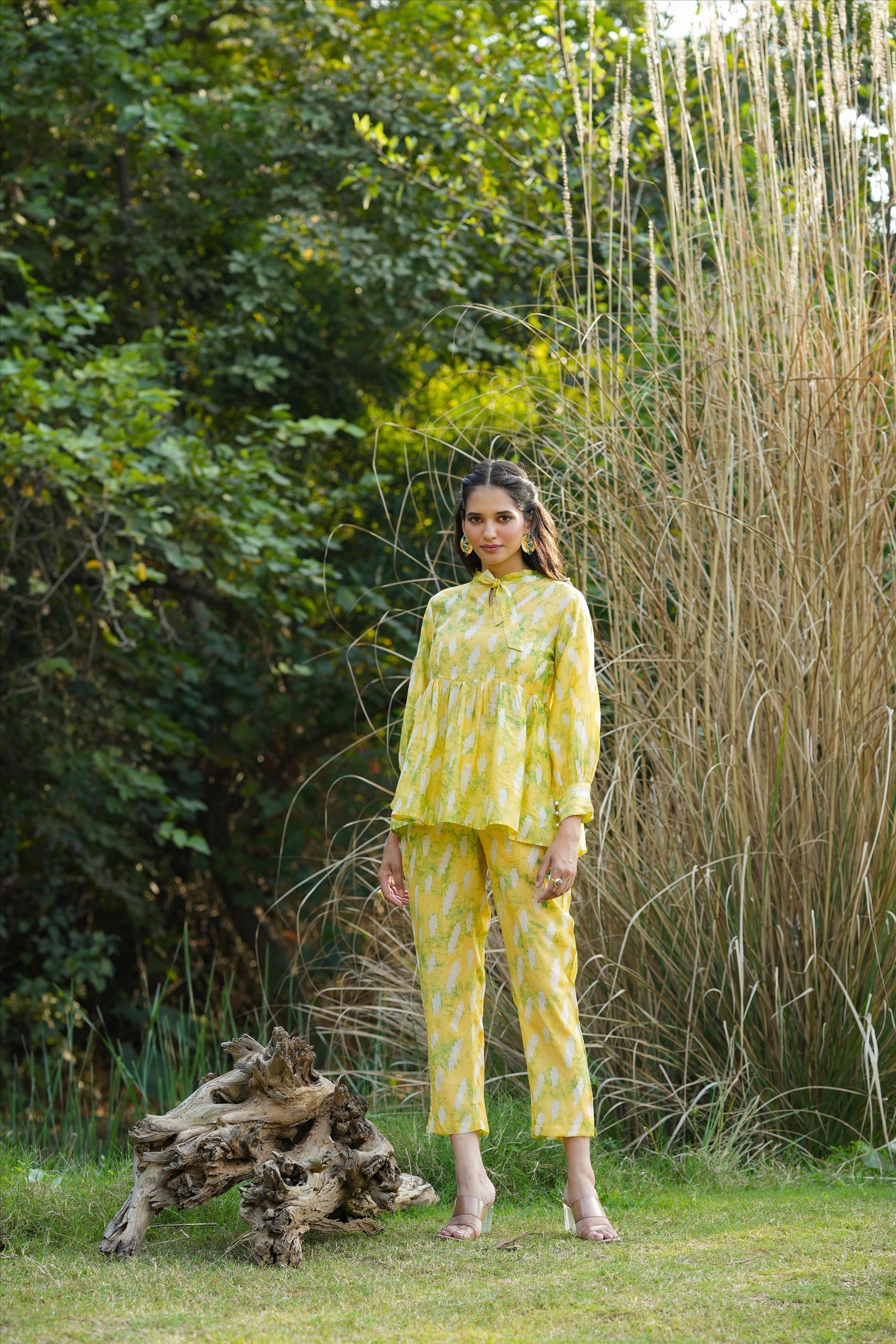 Lemon Modal Chanderi Shibori Tunic Co-Ord Set