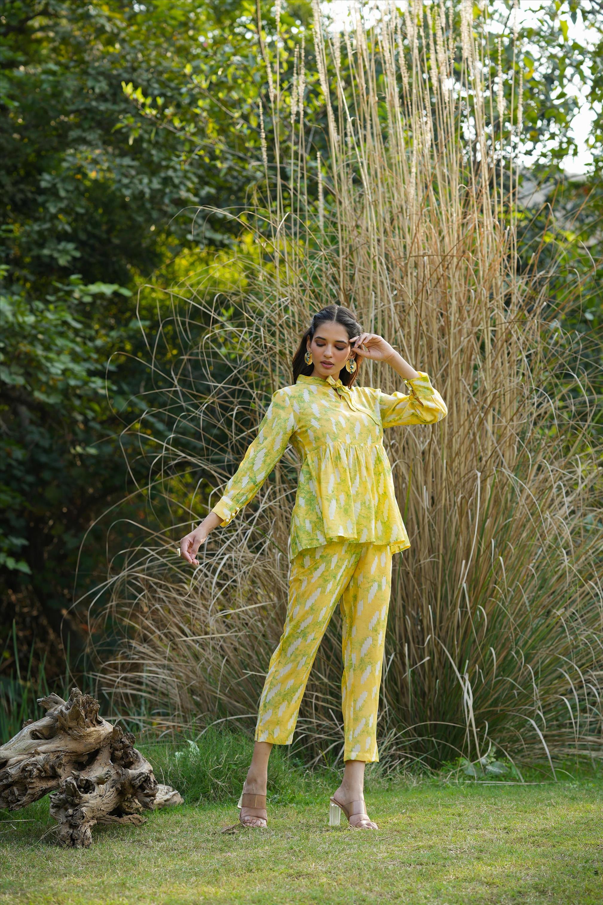 Lemon Modal Chanderi Shibori Tunic Co-Ord Set