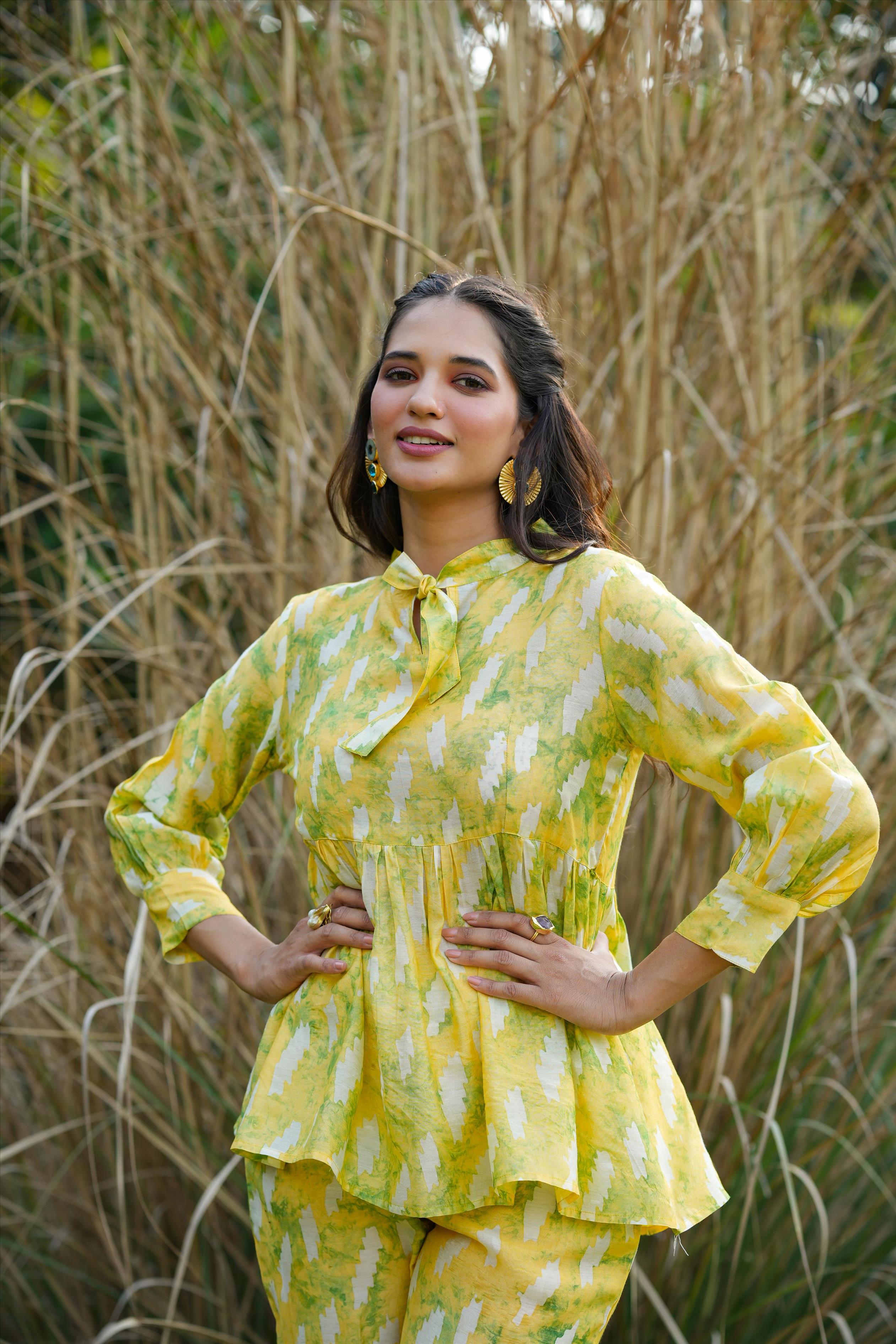 Lemon Modal Chanderi Shibori Tunic Co-Ord Set