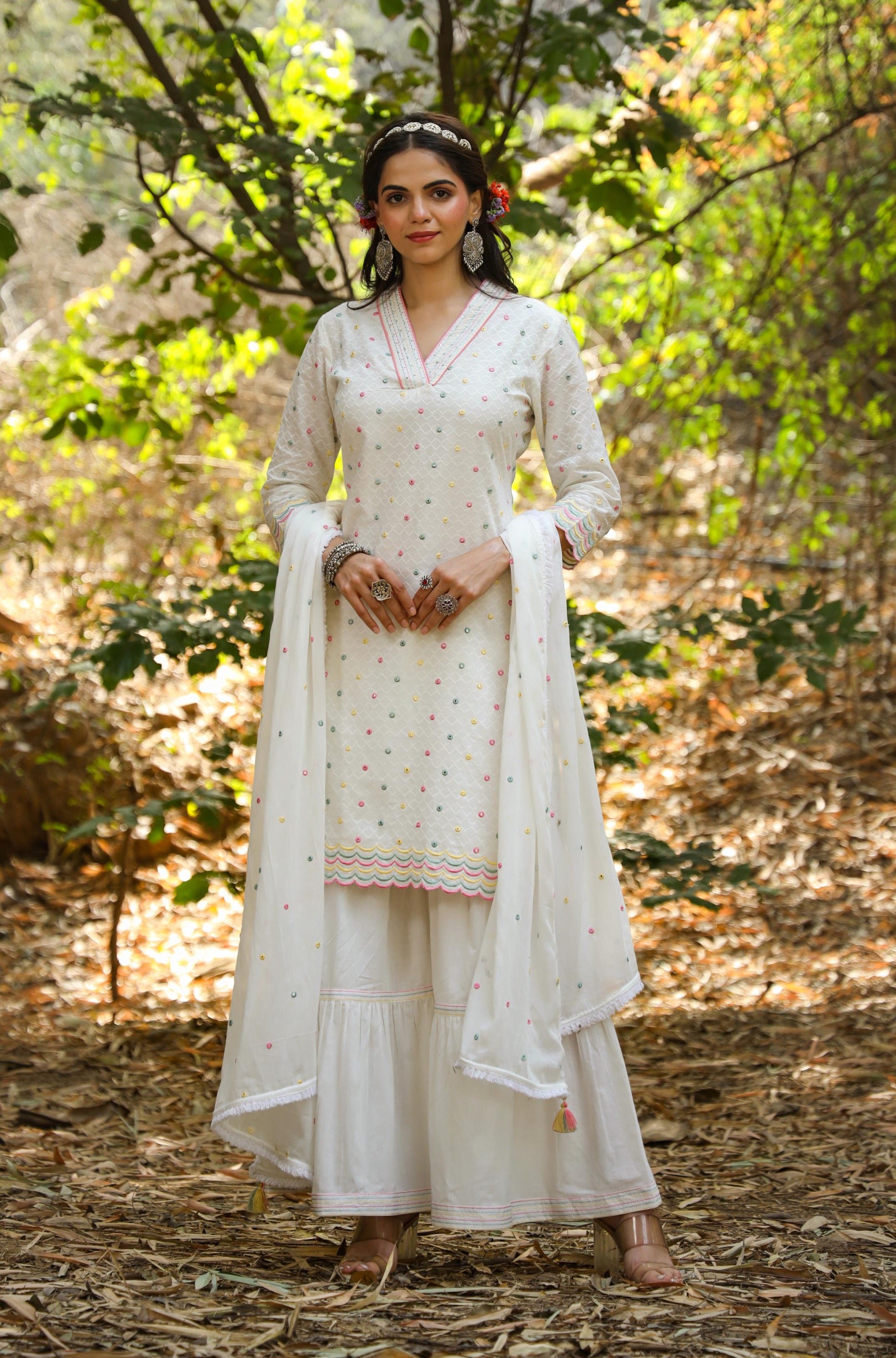 White Cotton Dobby Embellished Kurta Sharara Dupatta Set