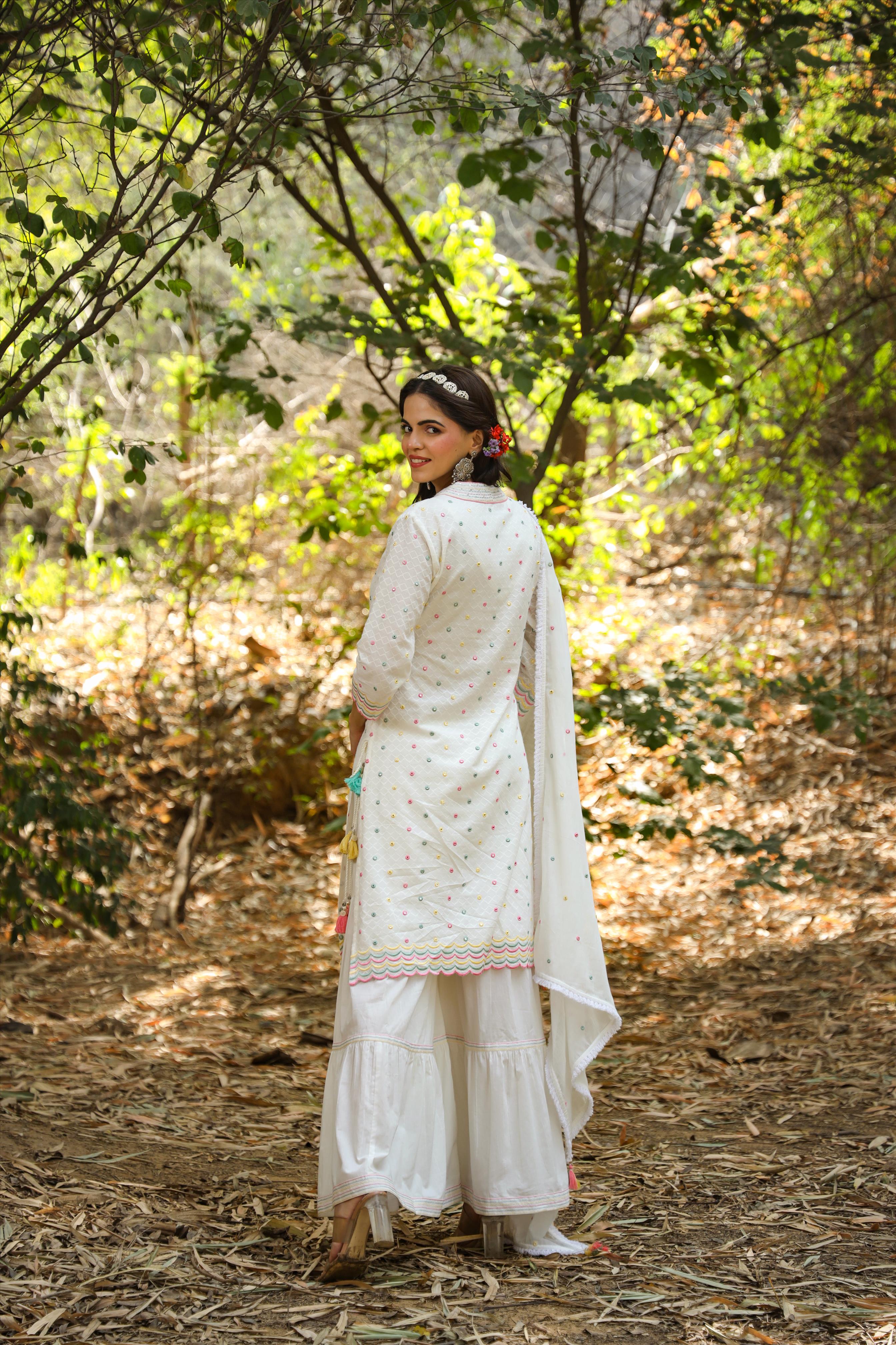 White Cotton Dobby Embellished Kurta Sharara Dupatta Set