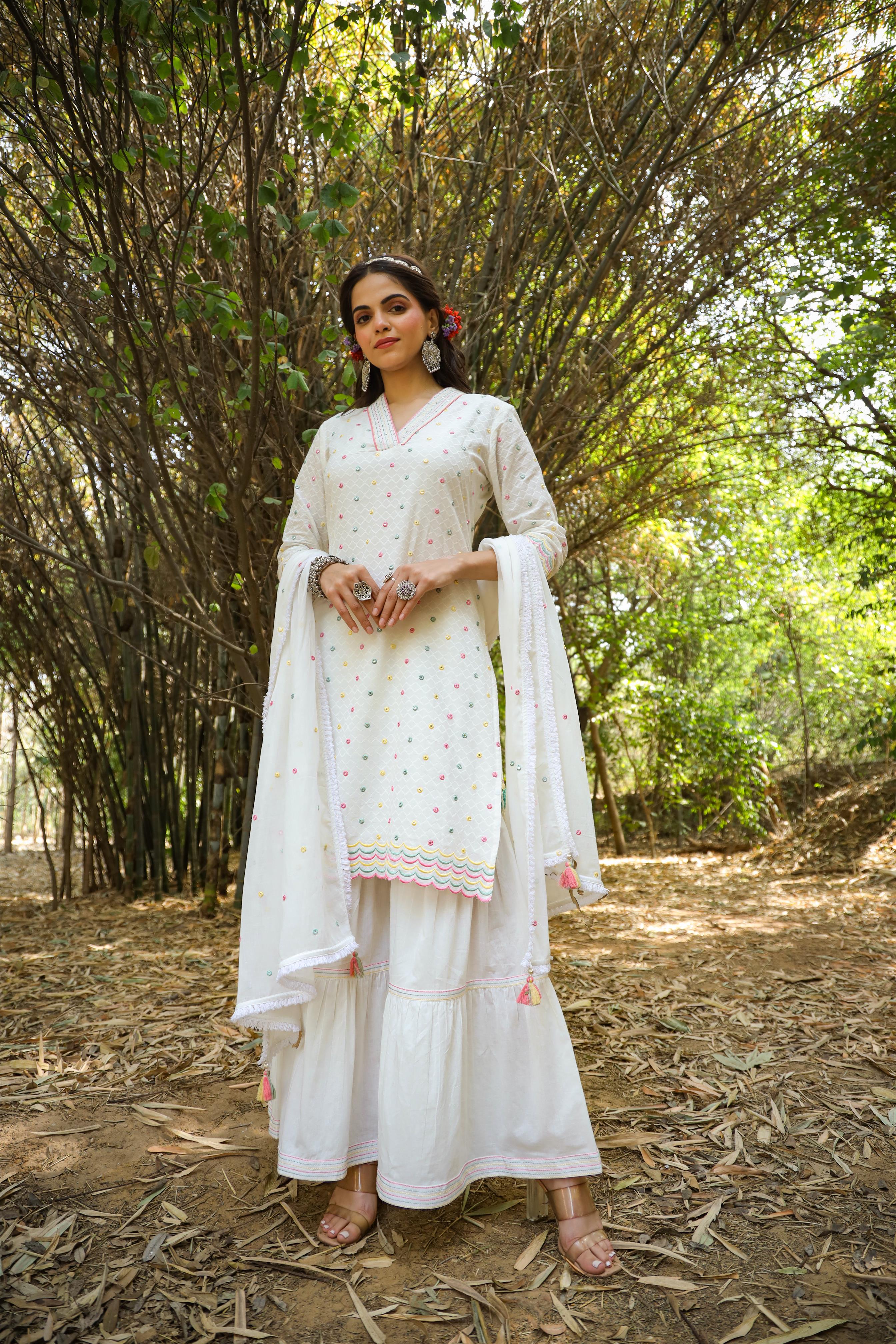 White Cotton Dobby Embellished Kurta Sharara Dupatta Set