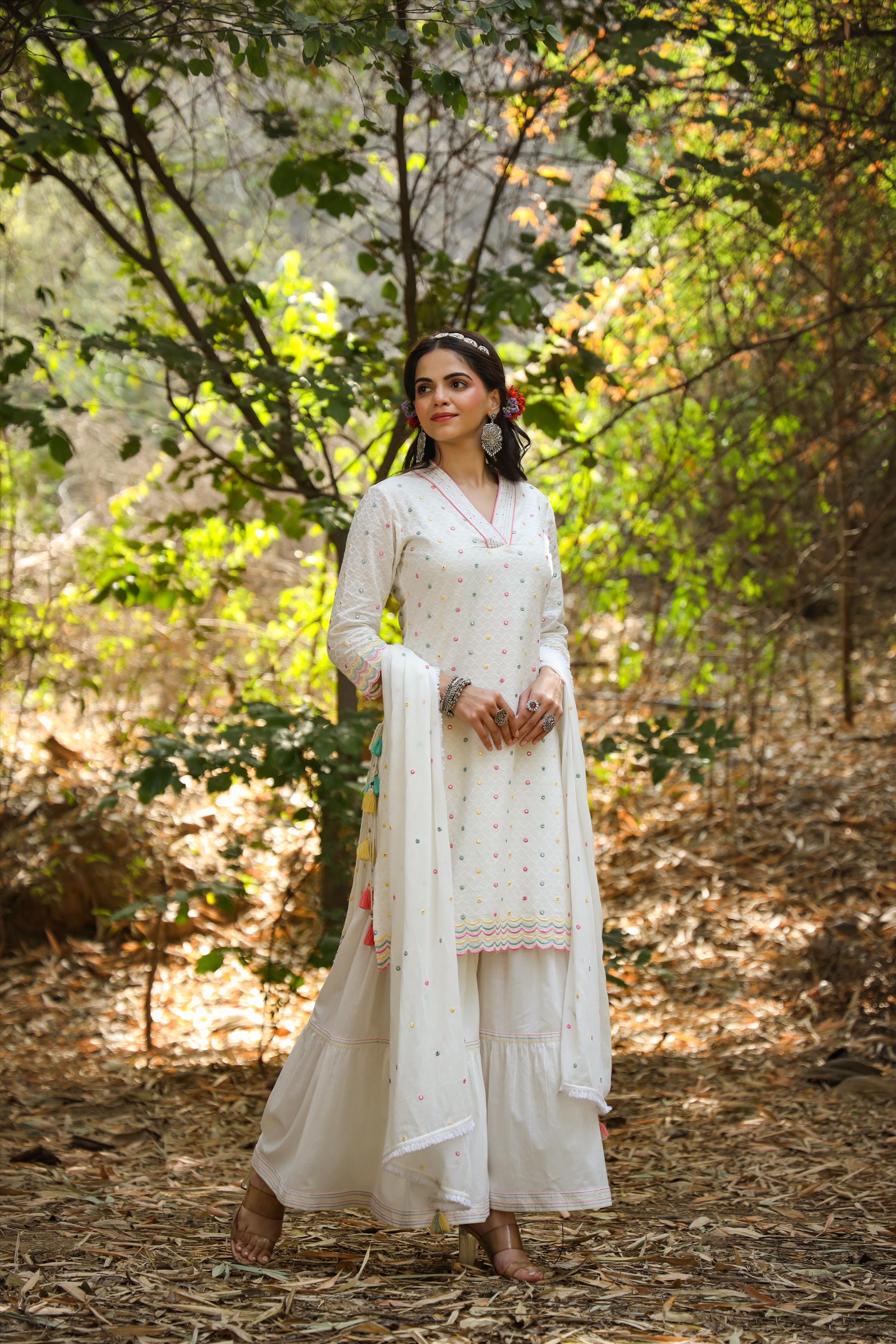 White Cotton Dobby Embellished Kurta Sharara Dupatta Set