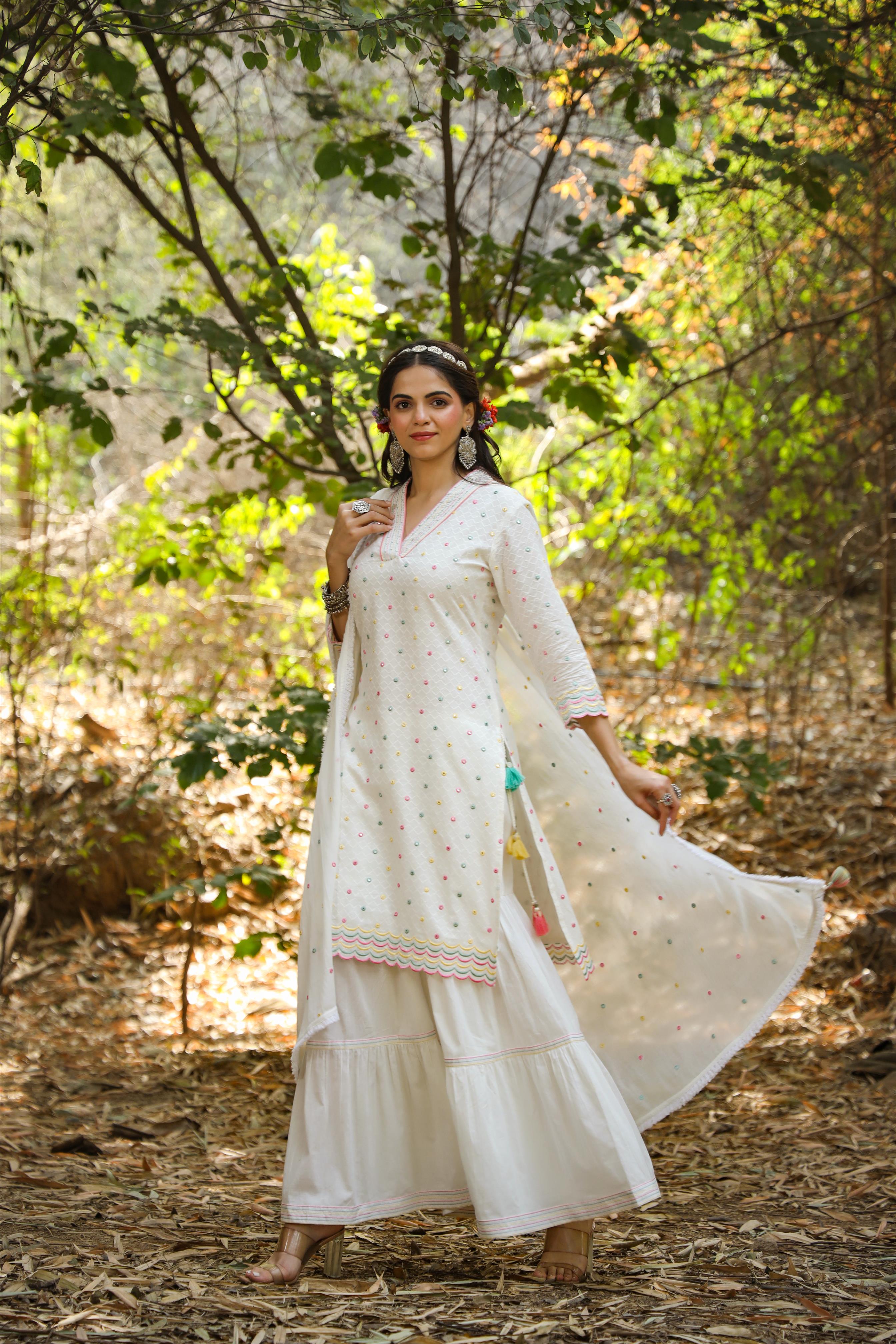 White Cotton Dobby Embellished Kurta Sharara Dupatta Set