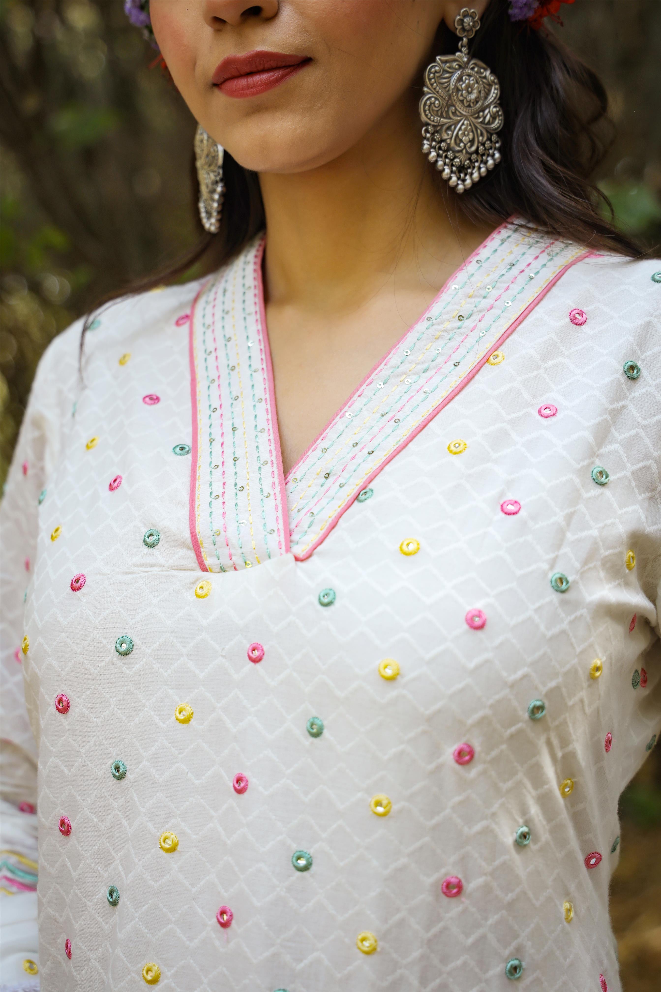 White Cotton Dobby Embellished Kurta Sharara Dupatta Set