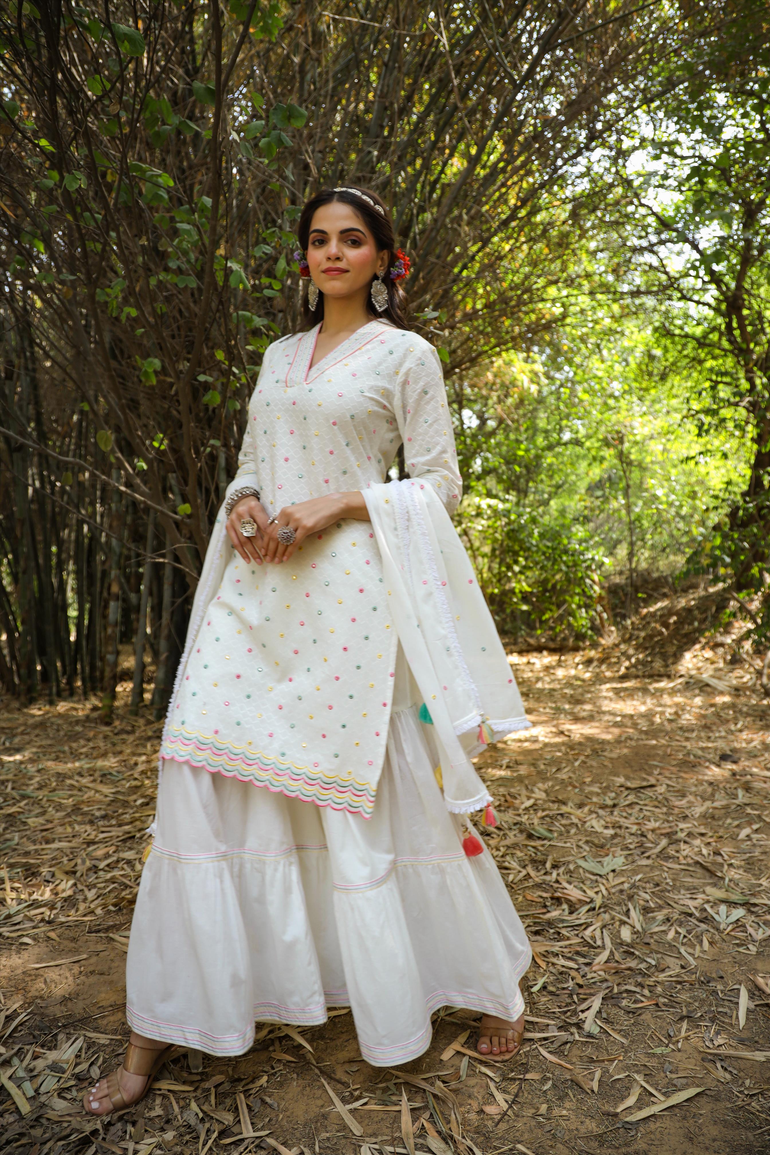 White Cotton Dobby Embellished Kurta Sharara Dupatta Set