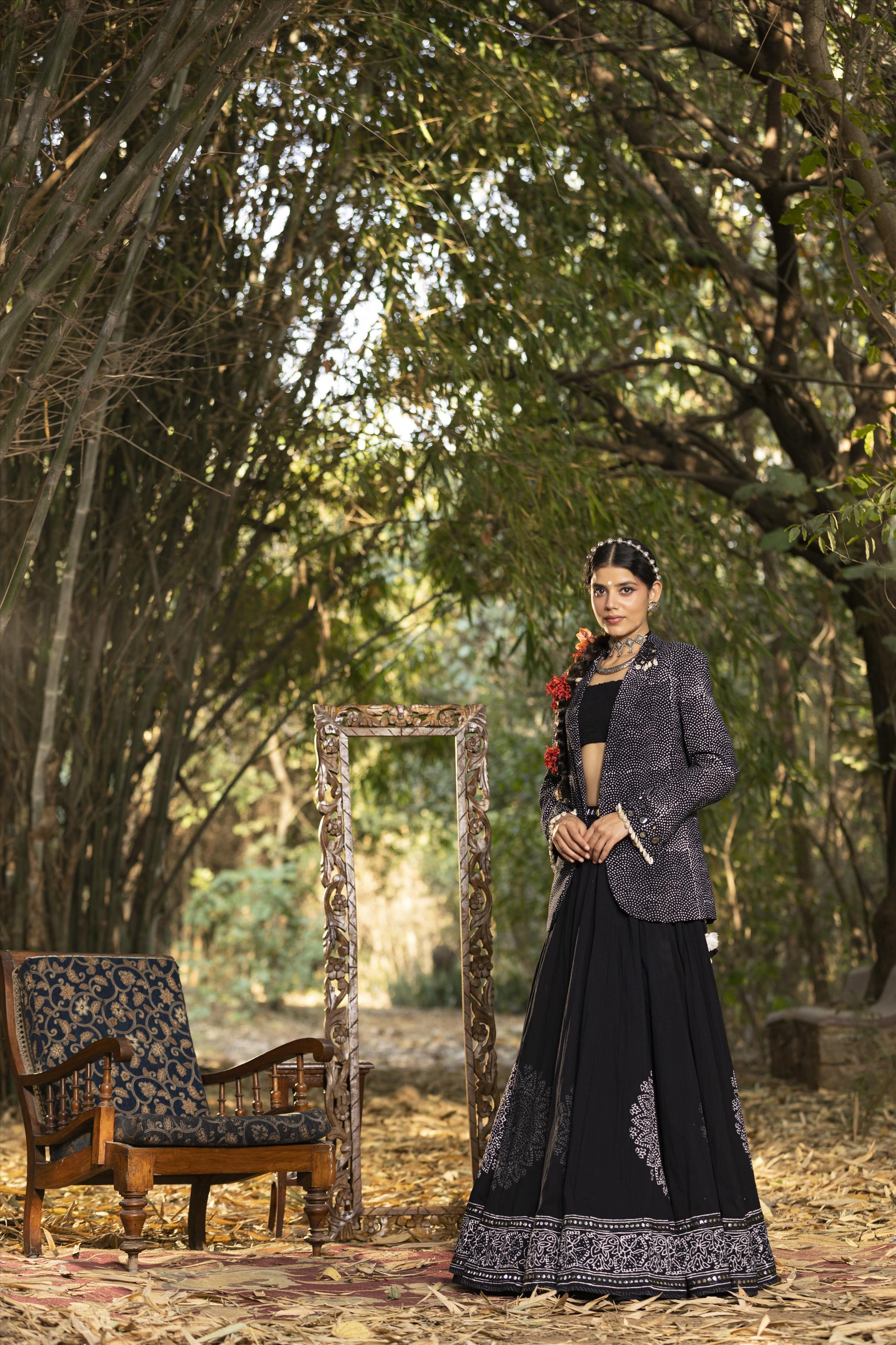 Black Cotton Kutch Embroidered Jacket Lehenga Set