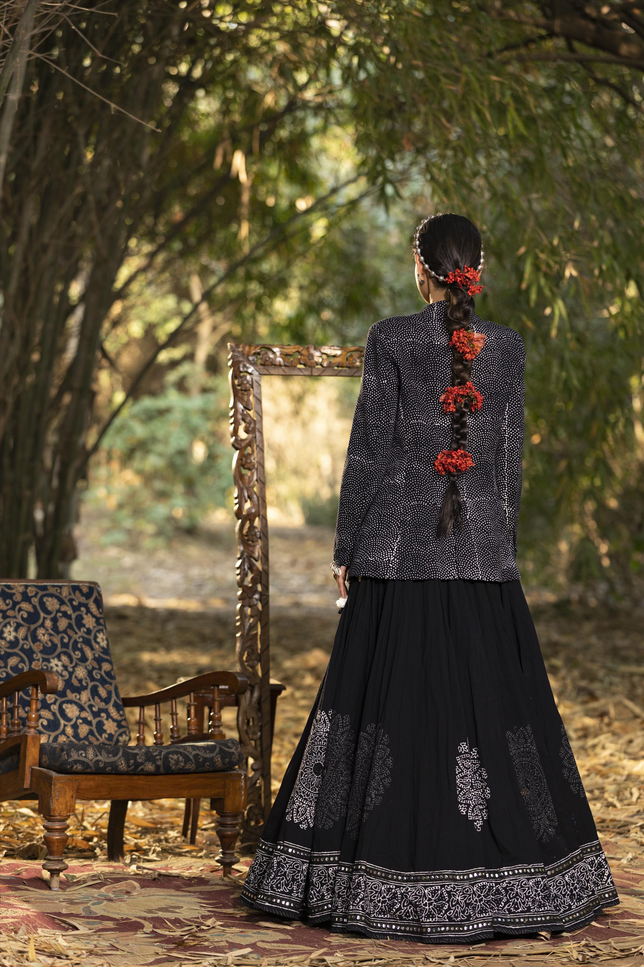 Black Cotton Kutch Embroidered Jacket Lehenga Set