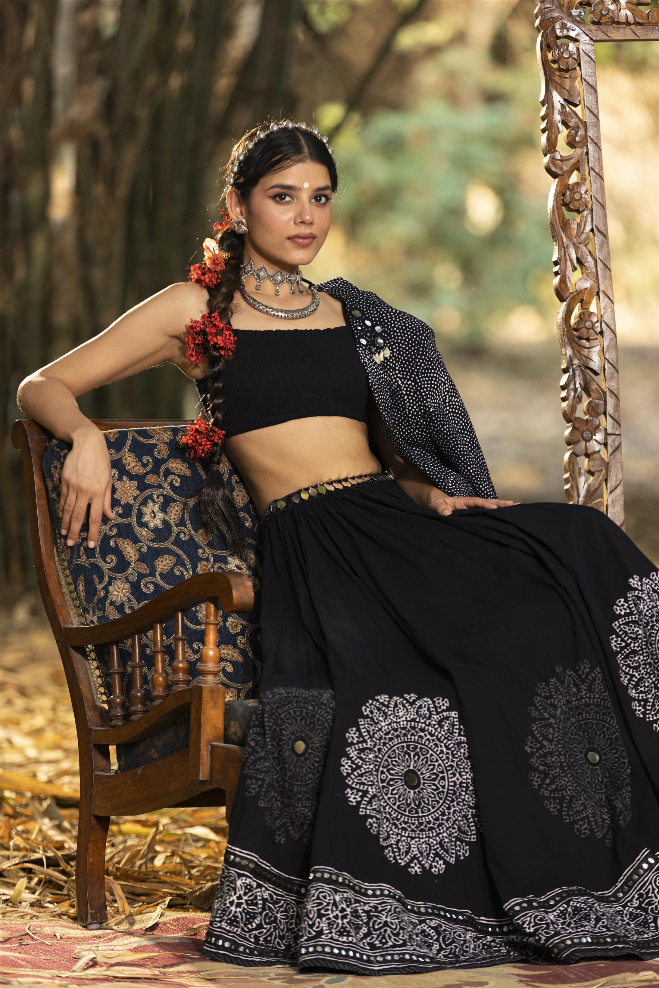 Black Cotton Kutch Embroidery Fusion Jacket Lehenga Set