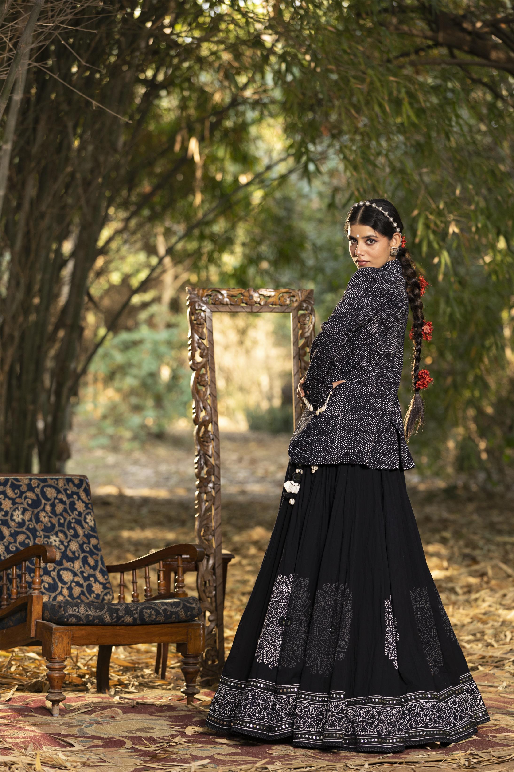 Black Cotton Kutch Embroidered Jacket Lehenga Set