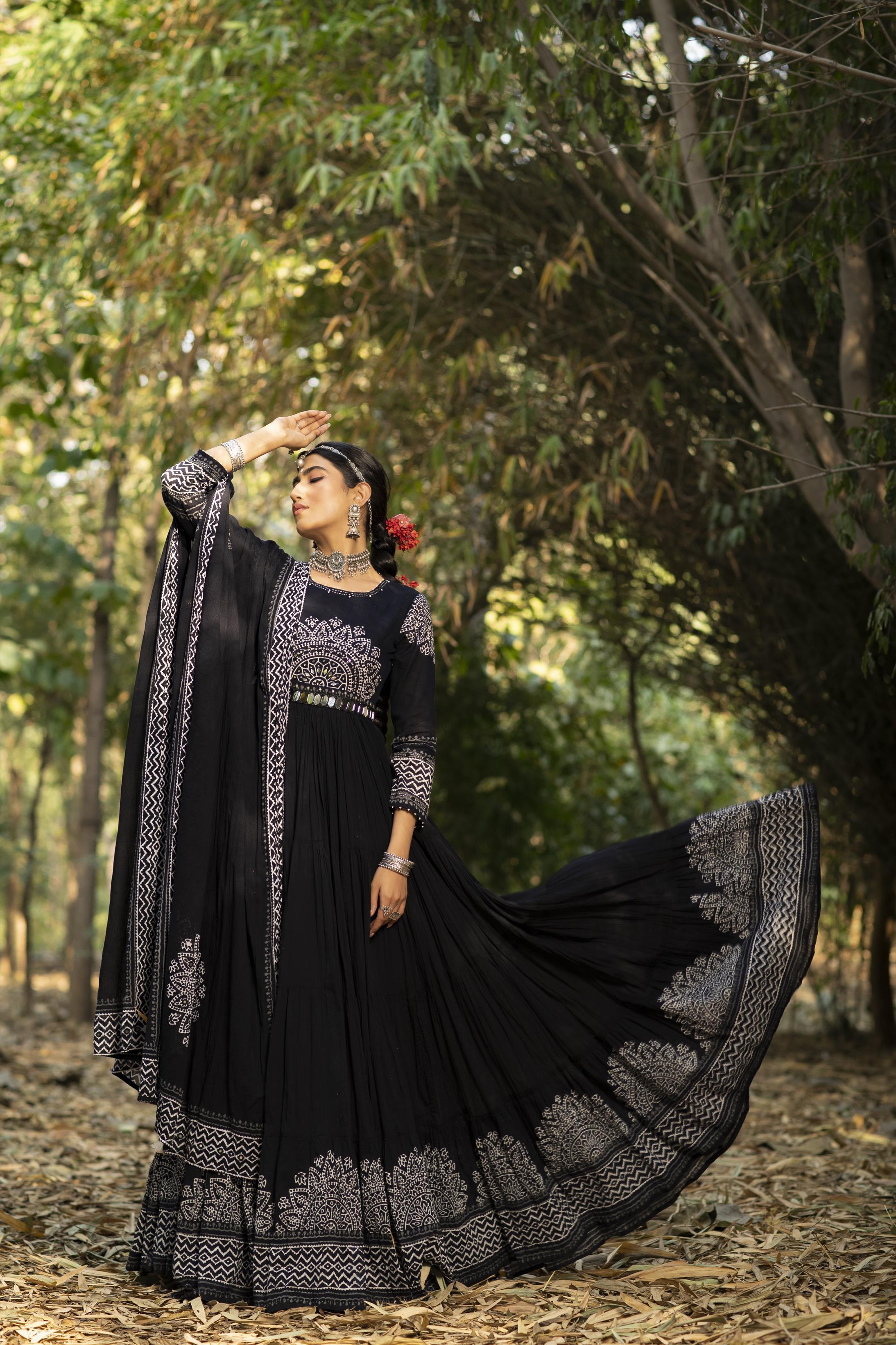 Black Cotton Kutch Embroidery Anarkali Dress With Dupatta And Mirror Work Belt