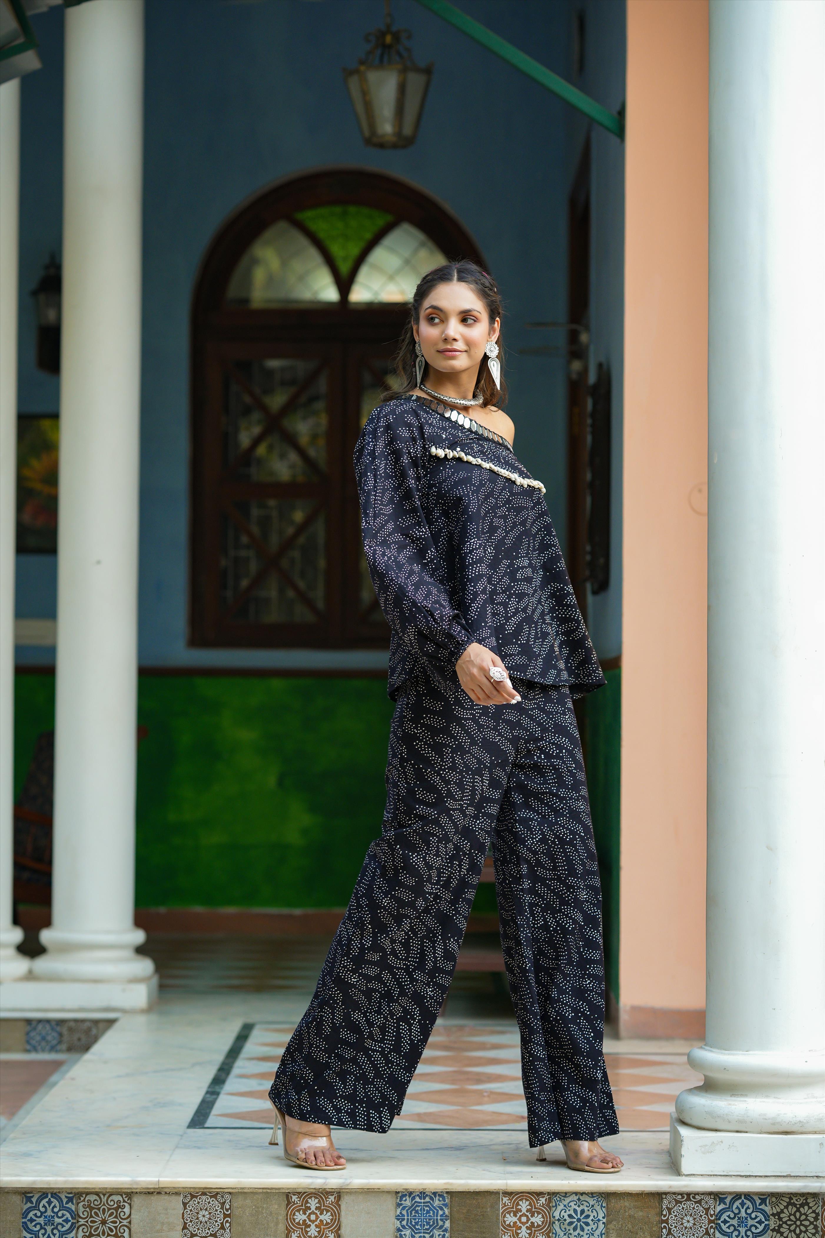 Black Cotton Printed One Shoulder Tunic With Wide Leg Palazzo Co-Ord Set