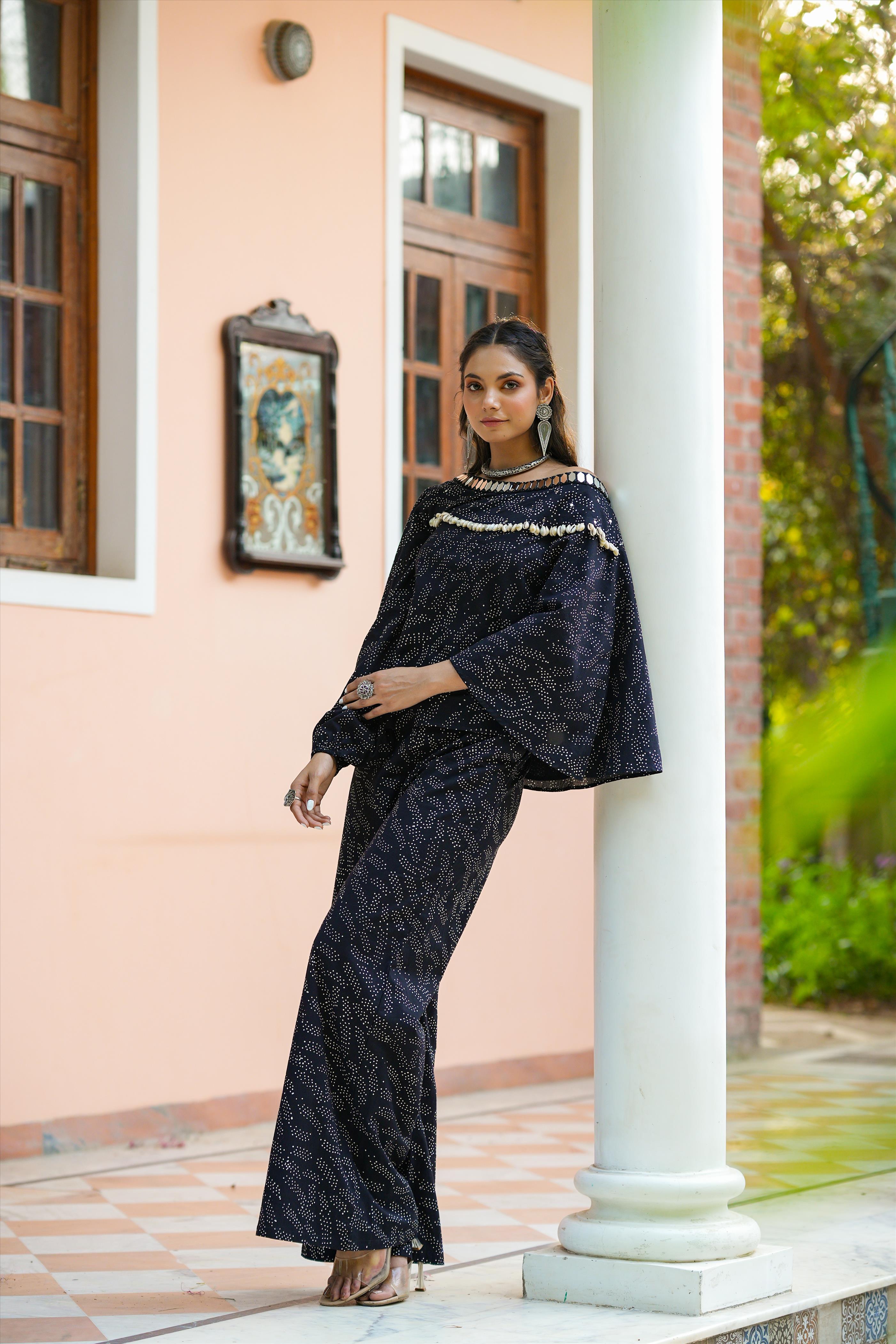 Black Cotton Printed One Shoulder Tunic With Wide Leg Palazzo Co-Ord Set