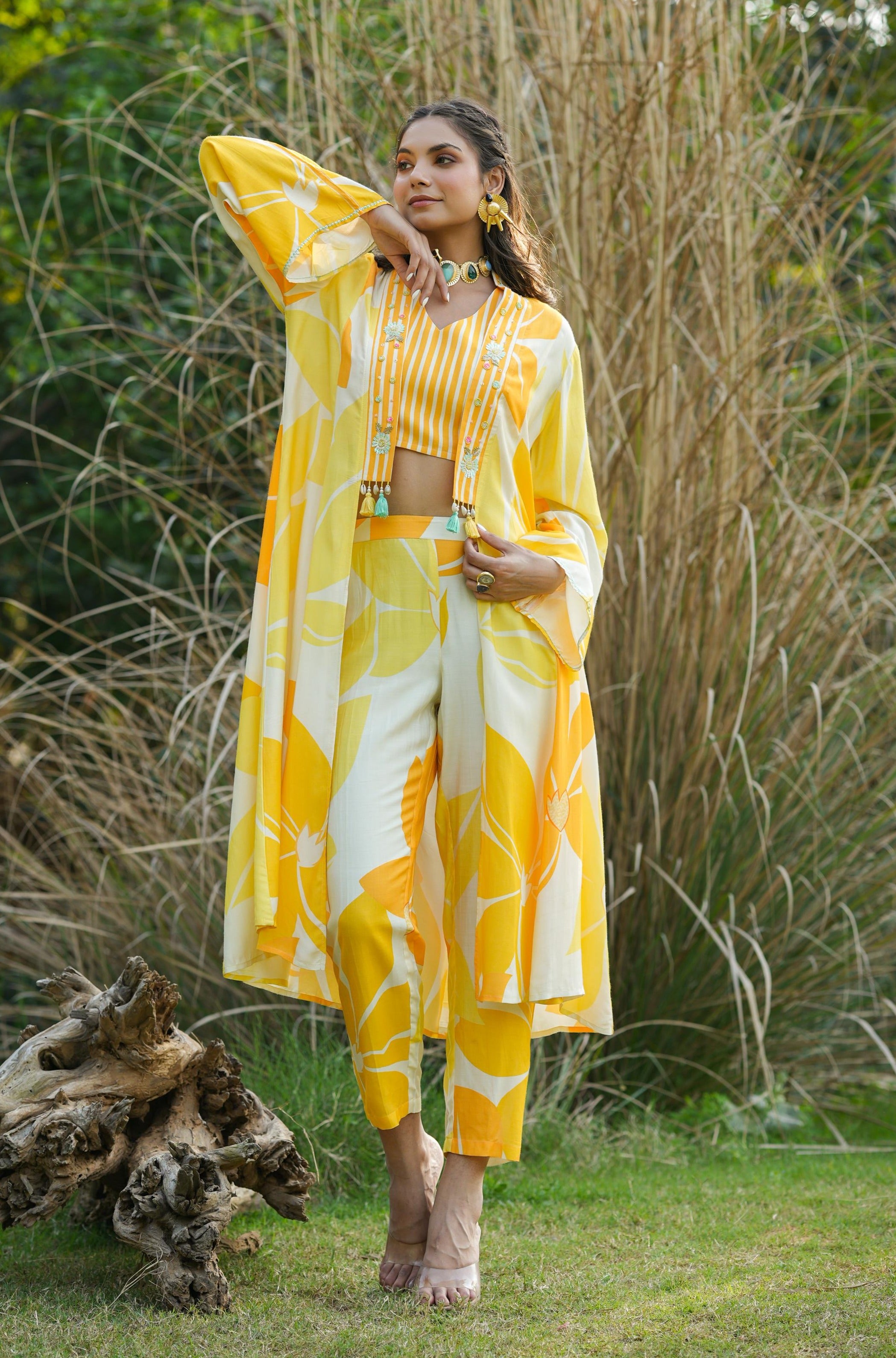 Yellow Muslin Silk Top Candy Stripes Top Trousers Cape Co-Ord Set